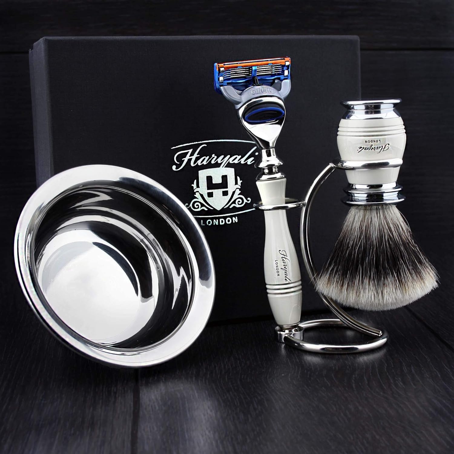 4 Pc Mens Shaving Kit 5 Edge Razor With Silver Tip Badger Hair Shaving Brush, Stand and Stainless Steel Bowl Perfect Set For Men