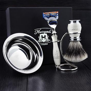 Haryali London 4 Pc Mens Shaving Kit 5 Edge Razor With Silver Tip Badger Hair Shaving Brush, Stand and Stainless Steel Bowl Perfect Set For Men