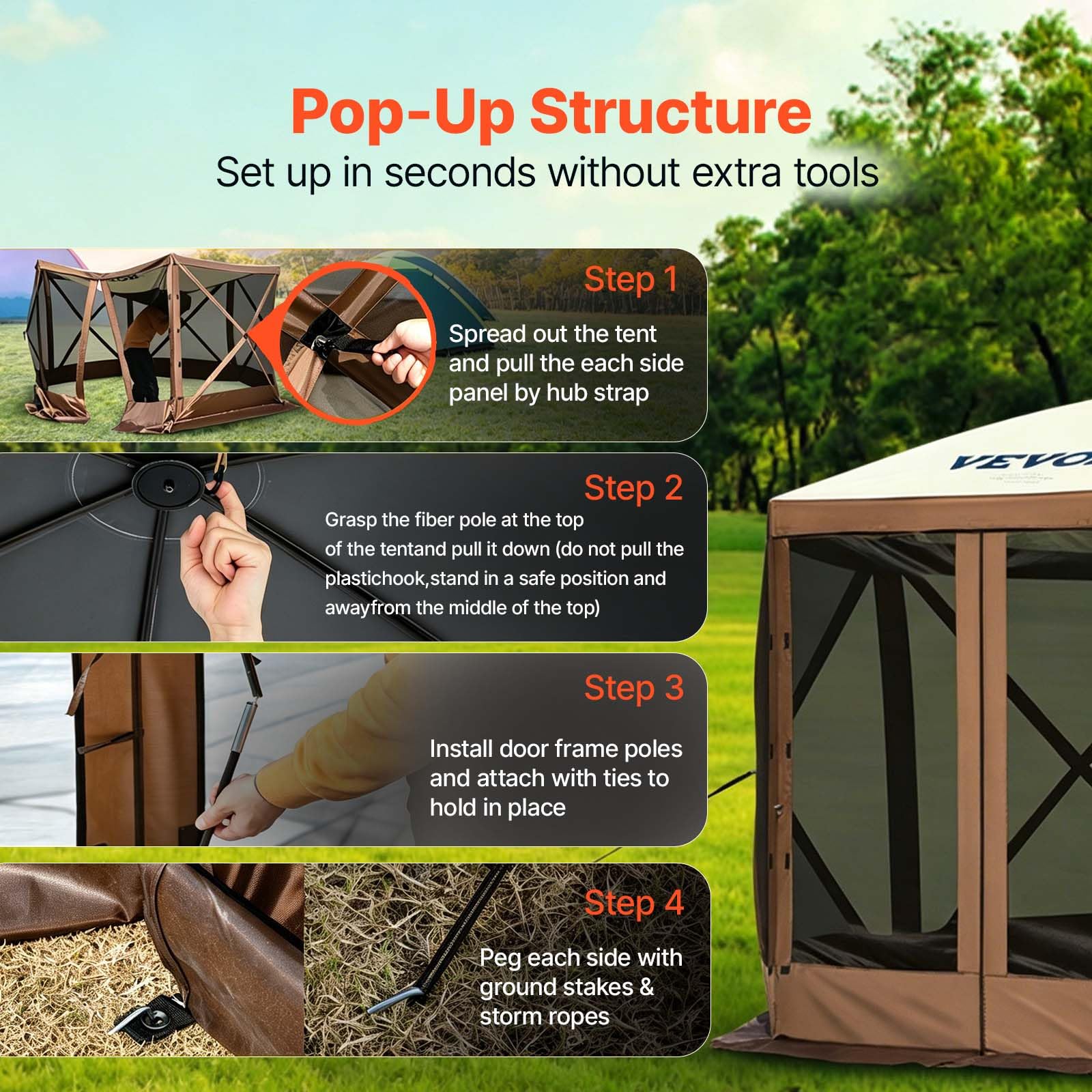 VEVOR Pavillon-Zelt, 3,6 x 3,6 m, 6-seitiges Pop-up-Camping-Überdachungszelt mit Netzfenstern, tragbarer Tragetasche, Erdnägeln, großen Schattenzelten für Camping im Freien, Rasen und Hinterhof