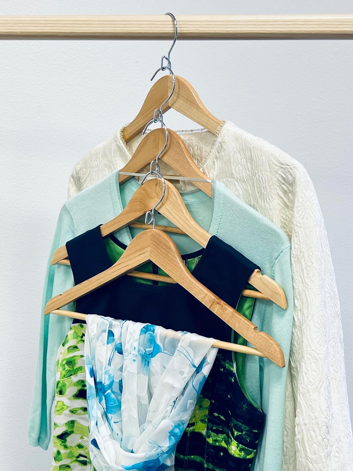 Proman Products Luxury Triad Kascade Wooden Hangers 50 Pack, Unique Triangle Ring Design, Space Saving Pants Clothes Hanger with Pants Bar and Shoulder Notches, Natural