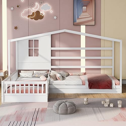 Miniatura 80 de MERITLINE Camas matrimoniales con nido para niños, marco de cama de madera para niñas y niños, cama matrimonial con techo, no necesita somier Azul +
