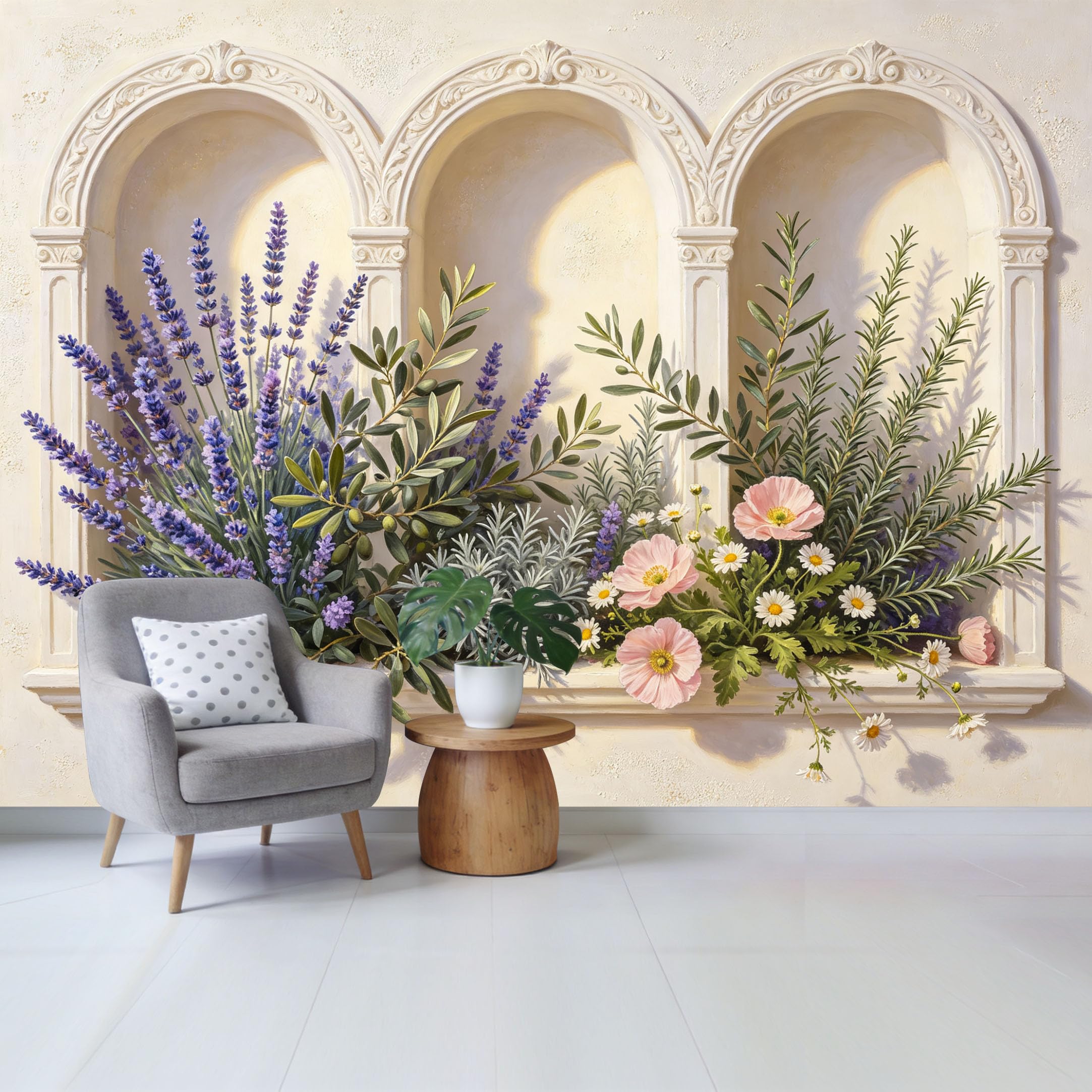 Custom Size Wall Mural Botanical Lavender Rosemary Floral Arrangement Removable Self Adhesive Fabric Home Wall Decor for Living Room Bedroom Bathroom