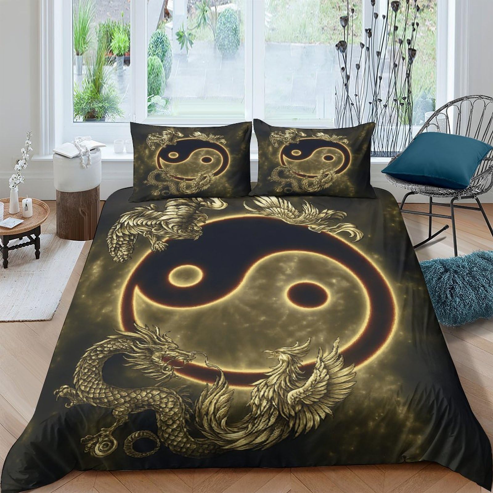 Ctjqhvkz Style-2 3D Printed Gold Yin Yang Fitted Sheet Microfiber Soft Breathable Dragon Mattress Cover For Bedroom Dorm Decor Single（135X200cm）