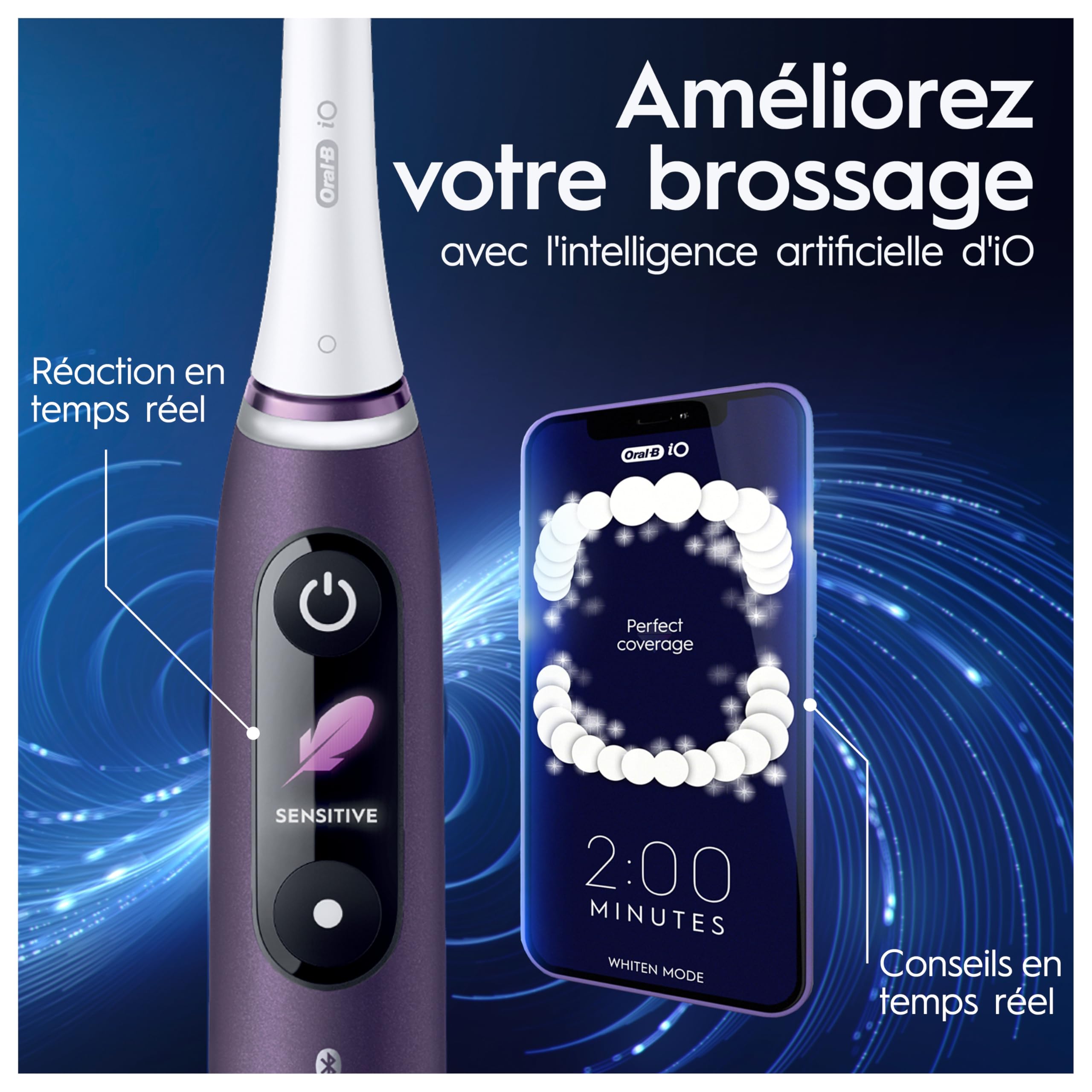 Oral-B iO 8 Brosse À Dents Électrique Blanche, Un Capteur Signalant Le Pression Pour Protéger Les Gencives, Des Accessoires, 2 Brossettes De Rechange, 1 Chargeur, 1 Étui De Voyage, Emballage En Carton