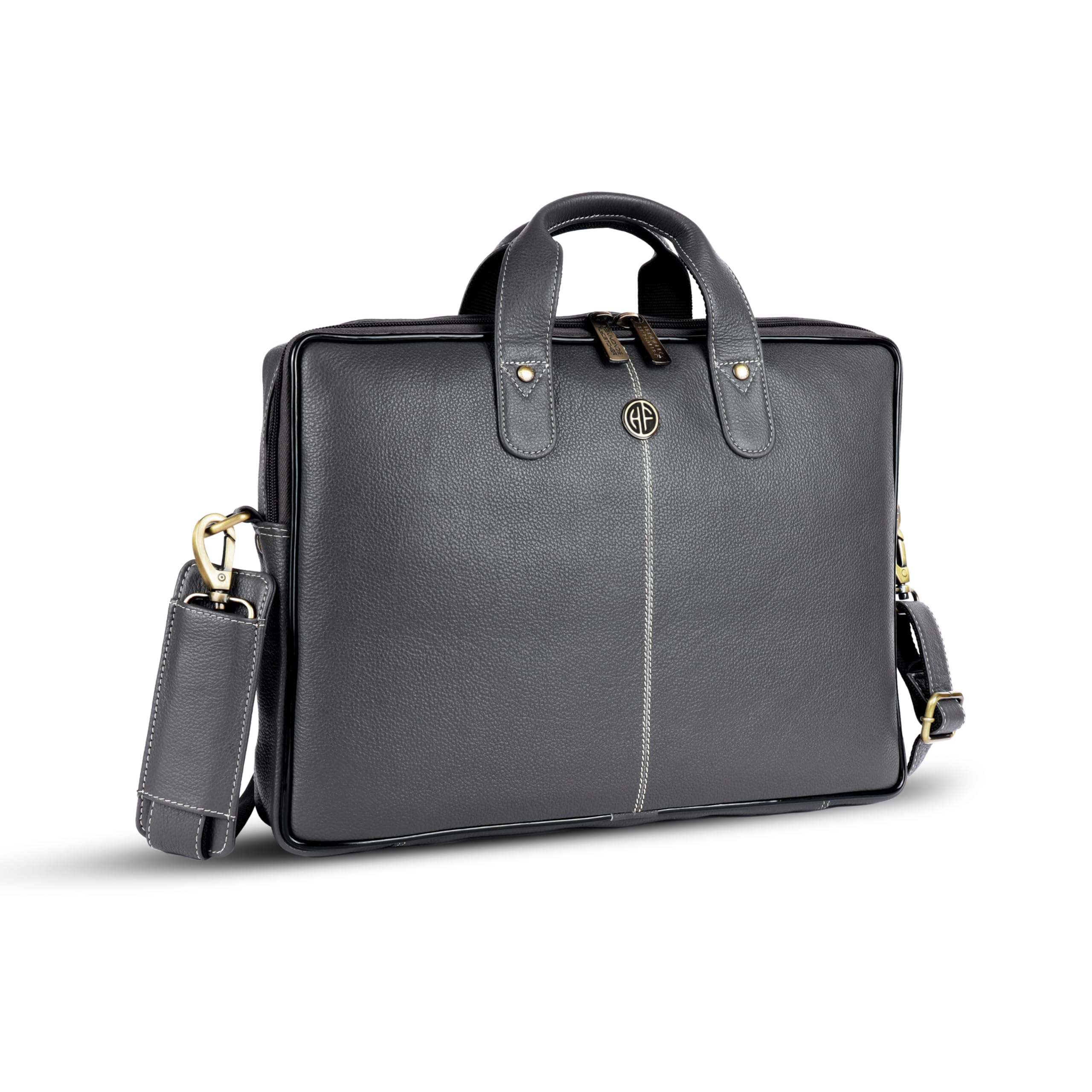 Genuine Leather Office Bag for Men - Laptop Bag for Men - Padded Laptop Compartment, Fits 14 Inch Laptop - Adjustable Strap, 1 Year Warranty - Office, Travel, Daily Use - Grey