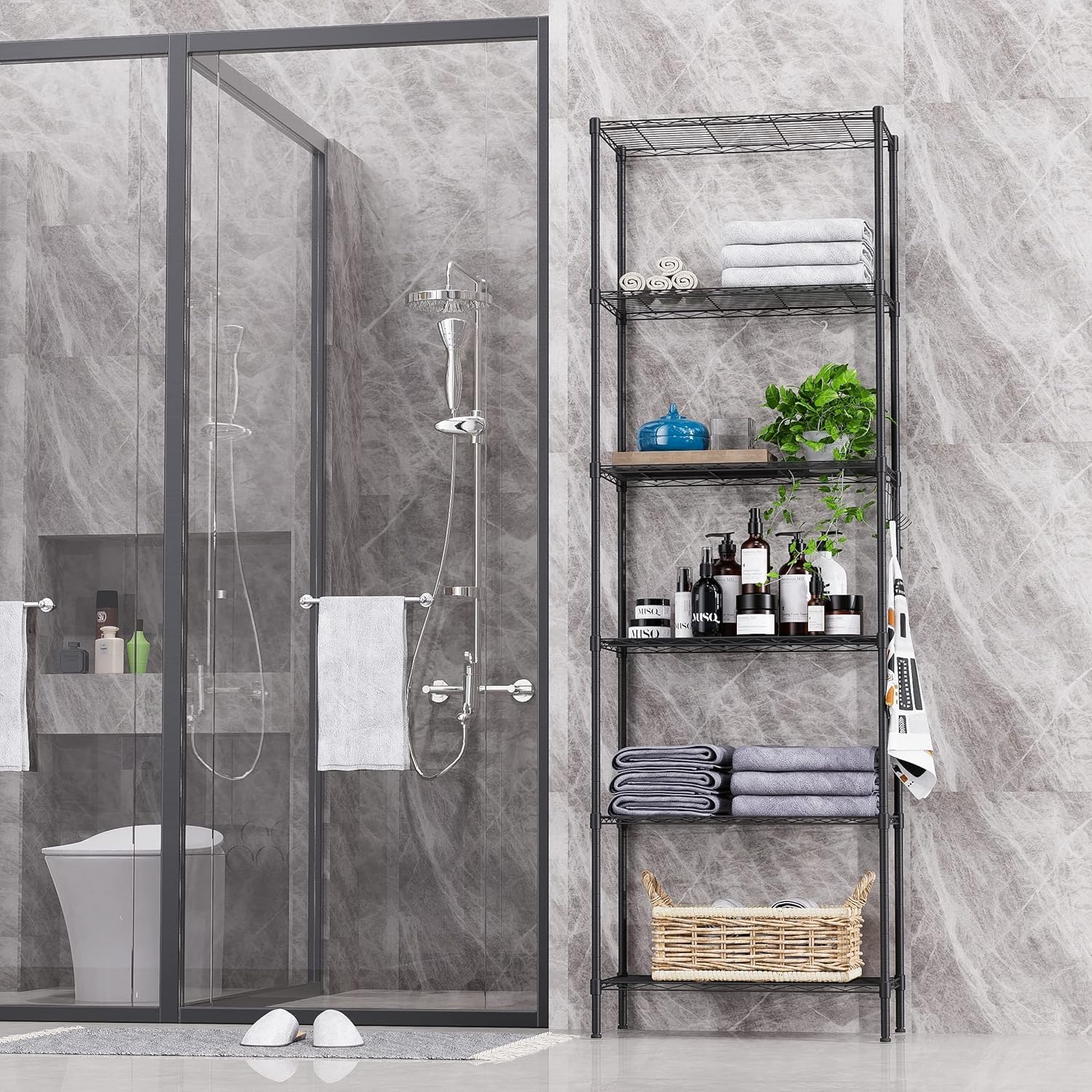 Himimi - Scaffale da cucina, in metallo, con ganci laterali, cromato, 54 x 29 x 160 cm,nero