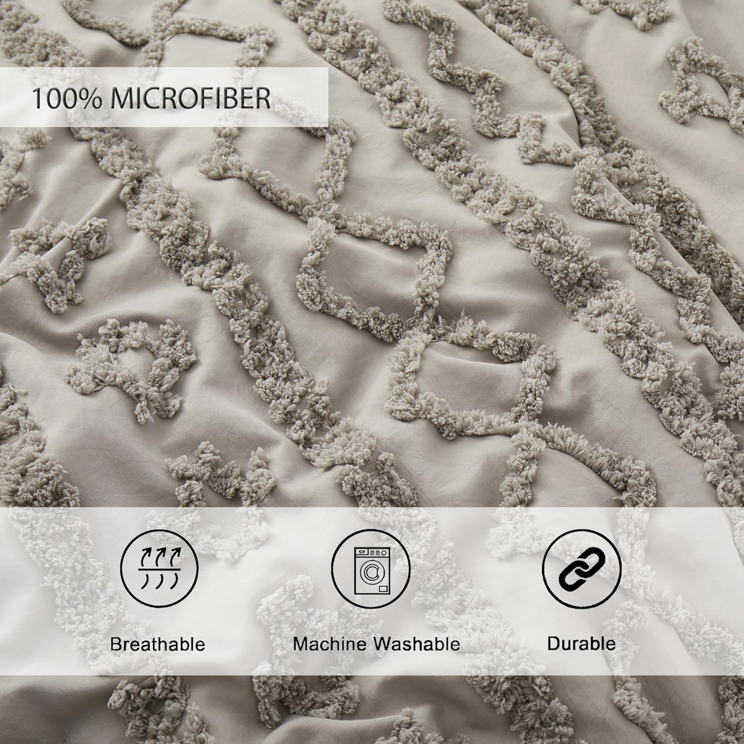 Oli Anderson Light Grey Queen Comforter Set Tufted Bedding Set Queen 3 Pieces, Boho Shabby Chic Comforter with 2 Pillowcases (Light Grey,Queen) - Image 3