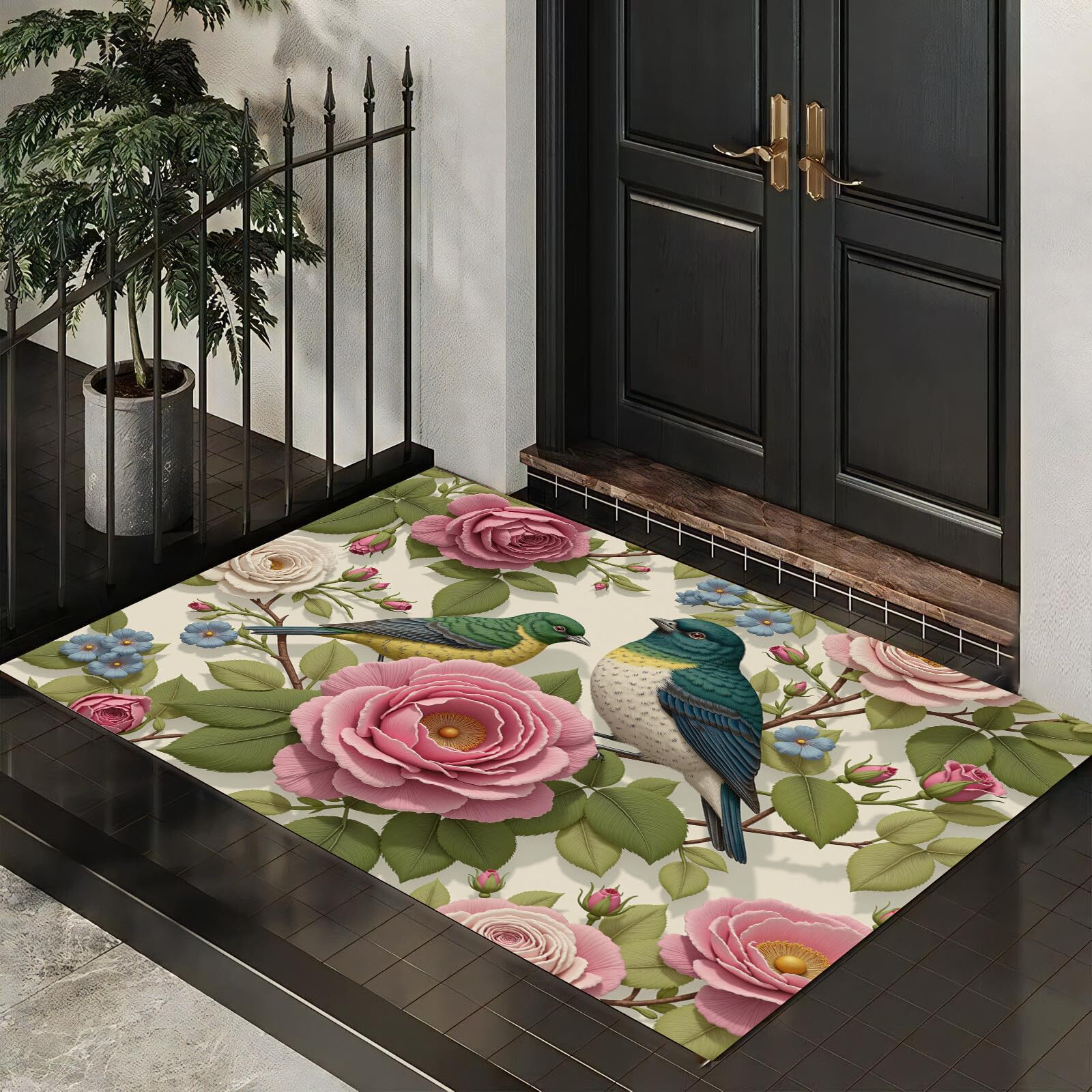 Tapis paillasson oiseau rose absorbant et antidérapant profil bas 60x90cm