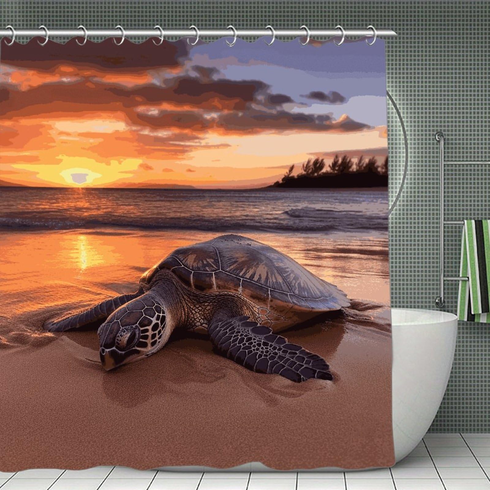 QMNLKH Sea Turtle Sunset Shower Curtain with Hooks, Waterproof Bath Curtains for Bathroom, Lightweight Bath Curtains Liner for Hotel, Personalized Bath Curtain for Spa, 70.8 Inch