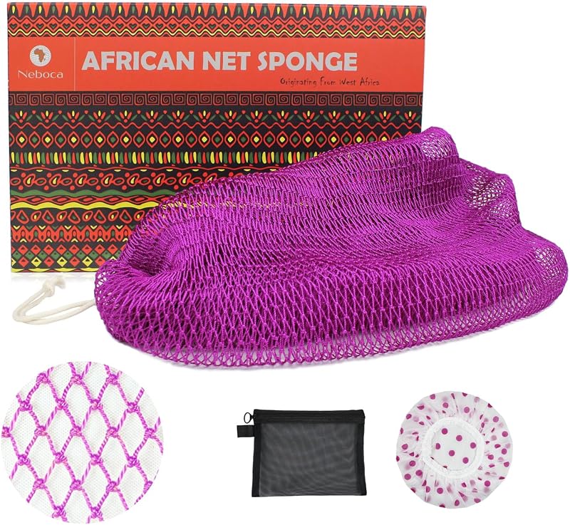 Esponja de banho em rede africana Neboca com nós e alças, nylon, roxa