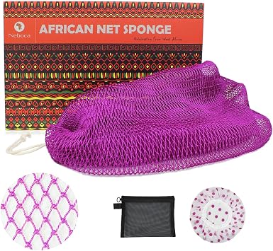 African Net Sponge Authentic African Exfoliating Net Sponge with Knots Real Sapo Sponge with Handles Afro Scrub Net Bath Cloth for Shower Purple