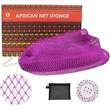 African Net Sponge Authentic African Exfoliating Net Sponge with Knots Real Sapo Sponge with Handles Afro Scrub Net Bath Cloth for Shower Purple