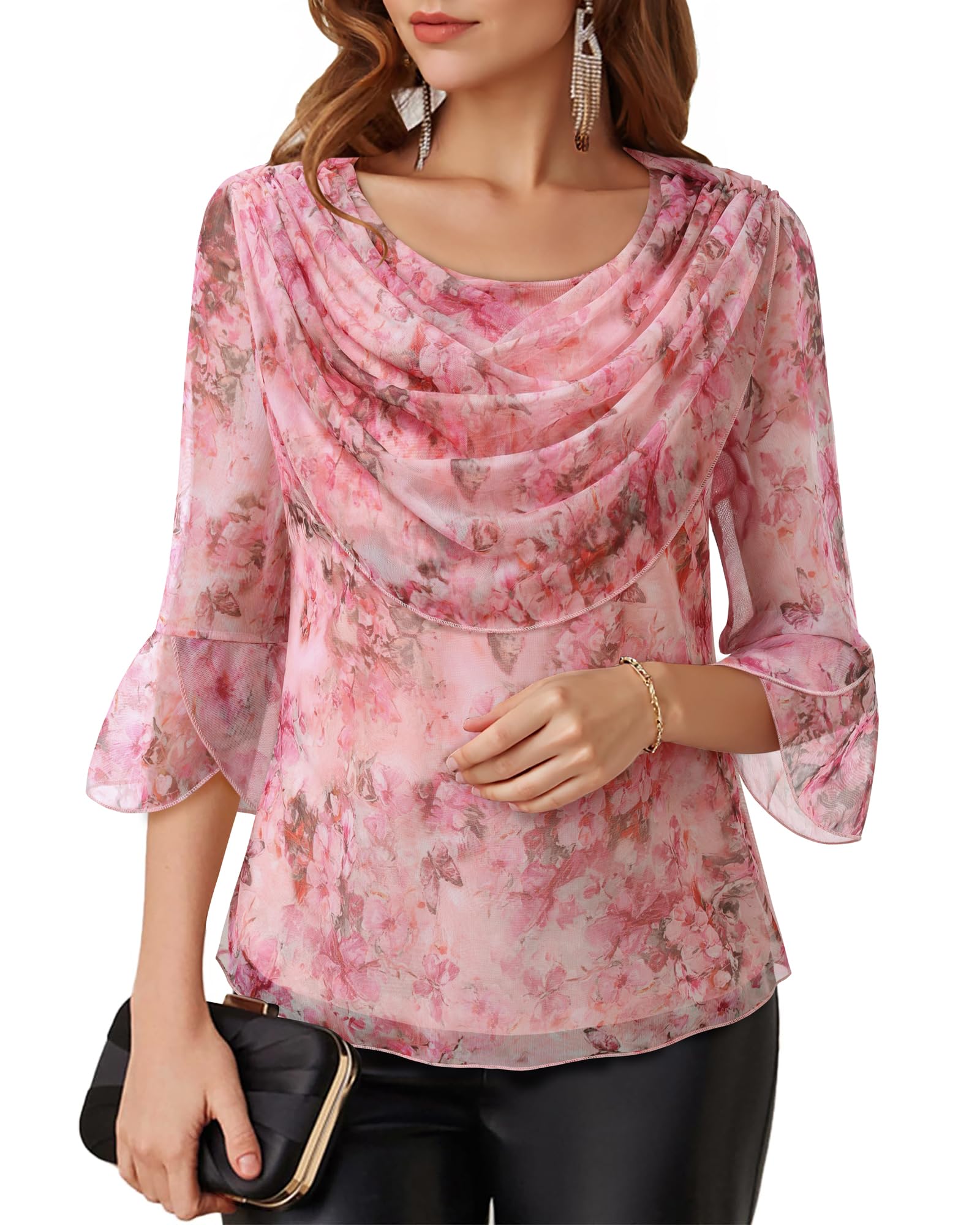 Lotusmile Blouses for Women Dressy Casual 3/4 Sleeve Cowl Neck Sparkly Tops