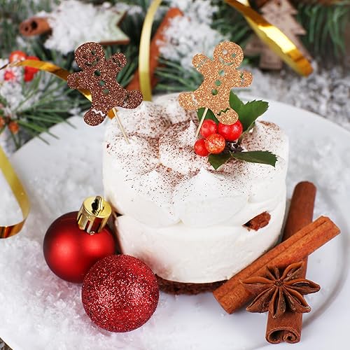 Miniatura 4 de Whaline 48 piezas de decoración de cupcakes de Navidad con purpurina marrón de pan de jengibre para hombre, palillos de comida navideña para