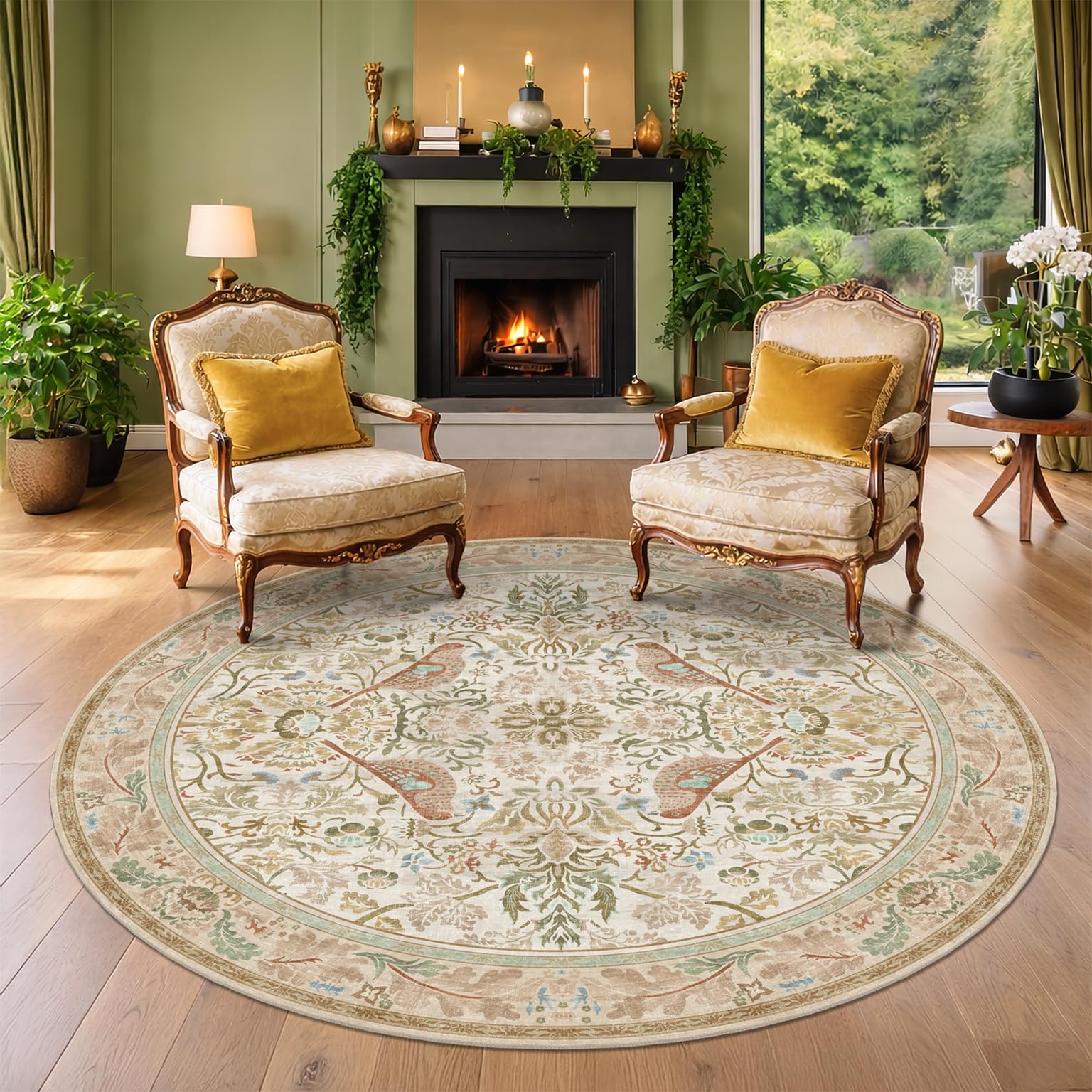 Hazo Haus Beige 6ft Round Rug Floral Bird Botanical
