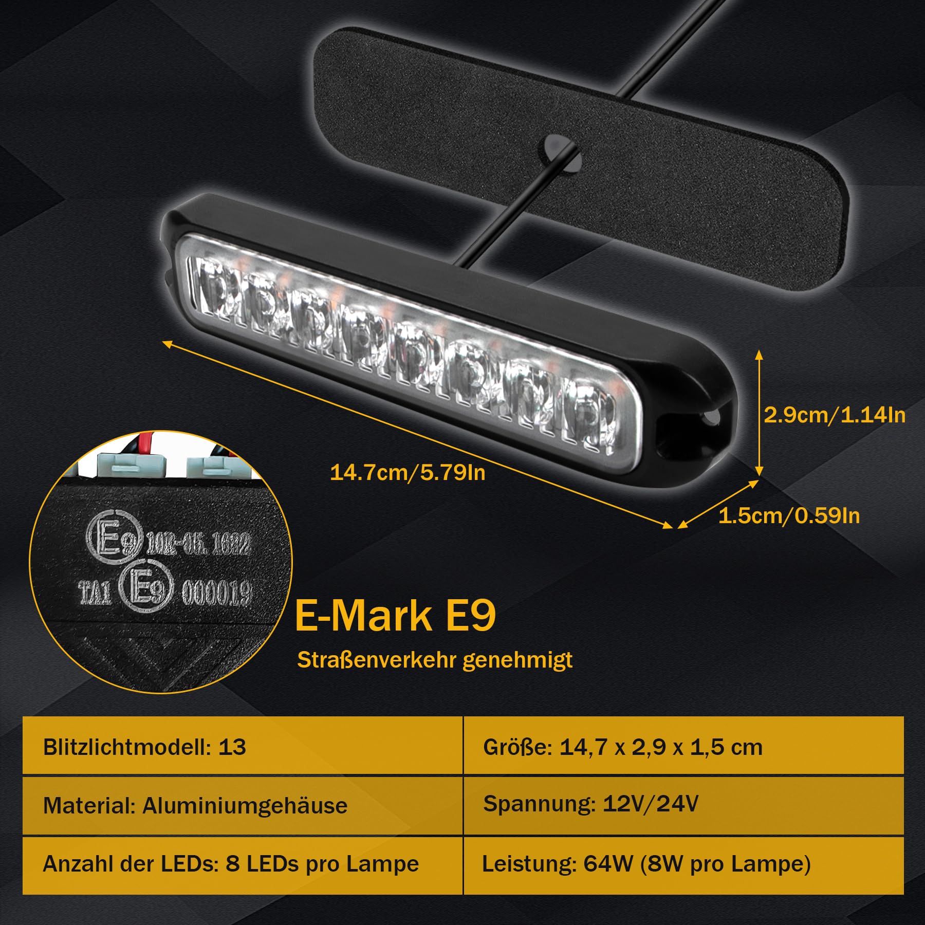8X8LED Warnlicht Frontblitzer - 12V/24V Blinklicht Stroboskoplicht Warnleuchte,IP65 Notfall Warnung Blinklichter Strobe Orange 13Modi Blitzmodul für Truck Traktor Emergency KFZ LKW