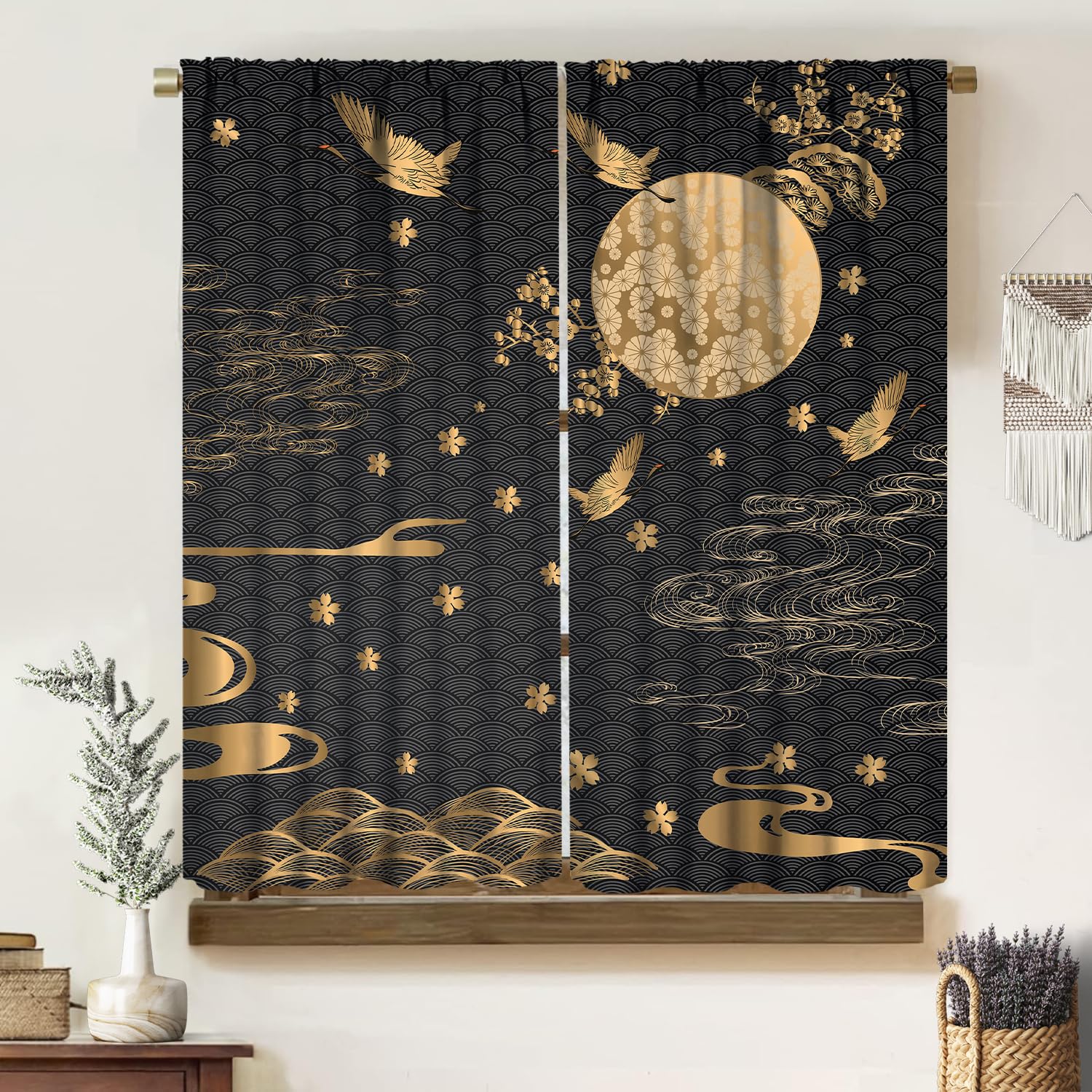 Baroque Crane Curtains, Luxury Black Golden Asian Japanese Art Abstract Bird Cloud Floral Drapes, Thermal Insulation Blackout Rod Pocket Window Treatments for Living Room Bedroom Bathroom 42x45in