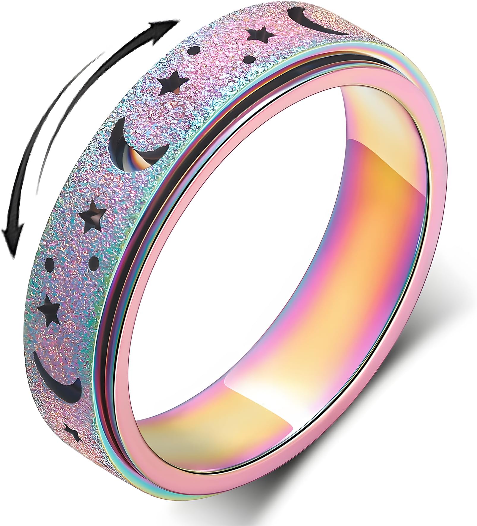 LuckyAmor Anxiety Ring for Women Stainless Steel 6mm Moon Star Anxiety Ring for Men Band Jewelry Gift for Men Size 6 7 8 9 10