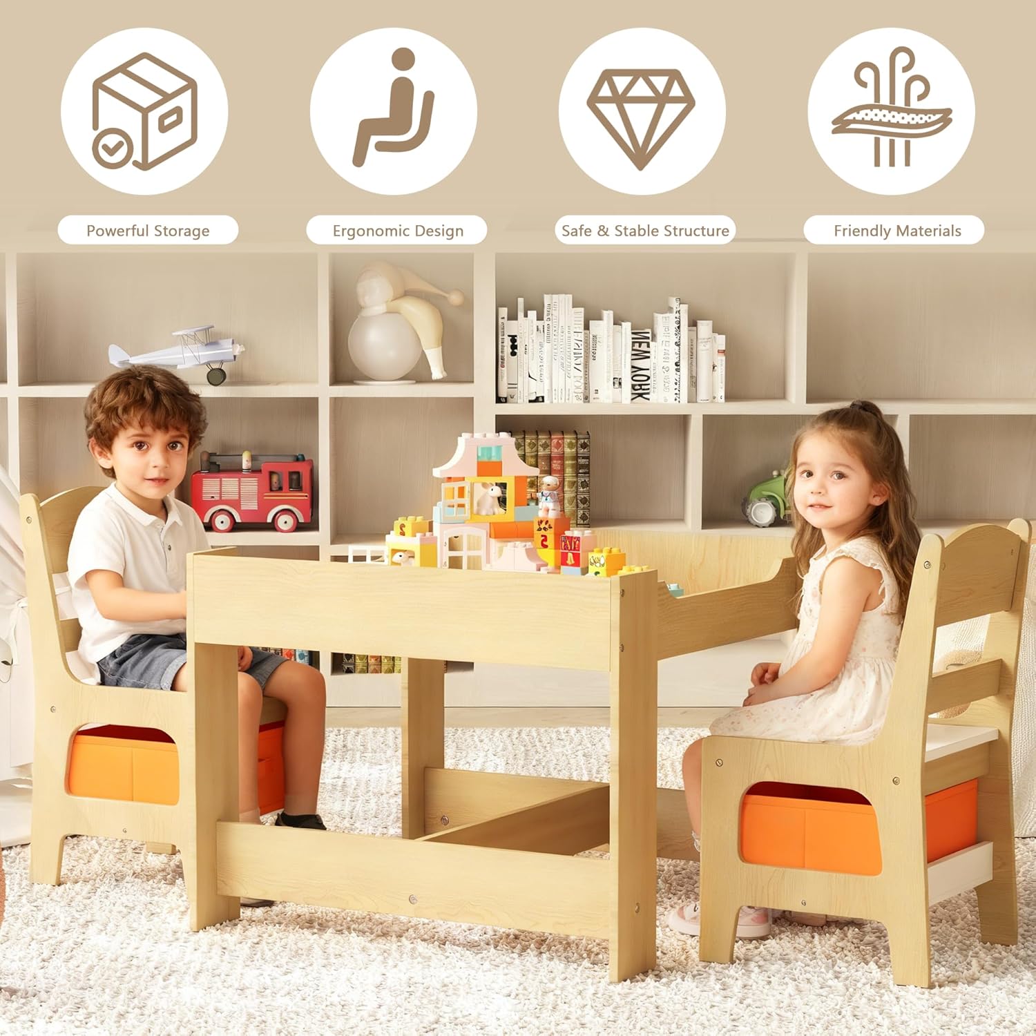 Kinder King Kids Wood Table & 2 Chairs Set, 3 in 1 Children Activity Table w/Storage, Removable Tabletop, Blackboard, 3-Piece Toddler Furniture Set for Art, Drawing, Reading, Playroom, Natural