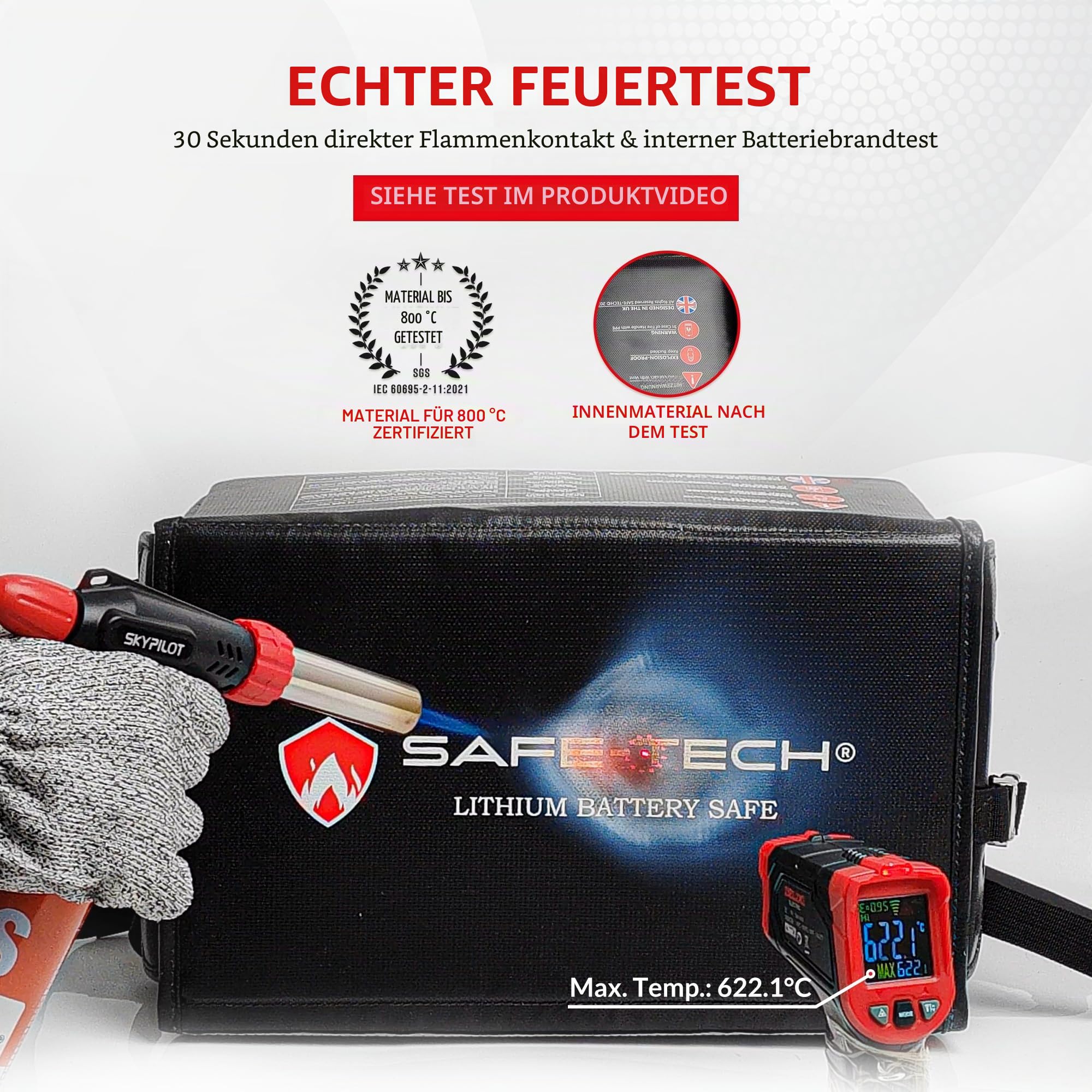 SAFE TECH Heavy Duty Feuerfeste Lipo Batterietasche 35 × 21 × 18 cm, Großer Batterie-Aufbewahrungskoffer mit verstellbaren Trennwänden für DeWalt, Makita LXT & Lithium-Ionen-Akkus