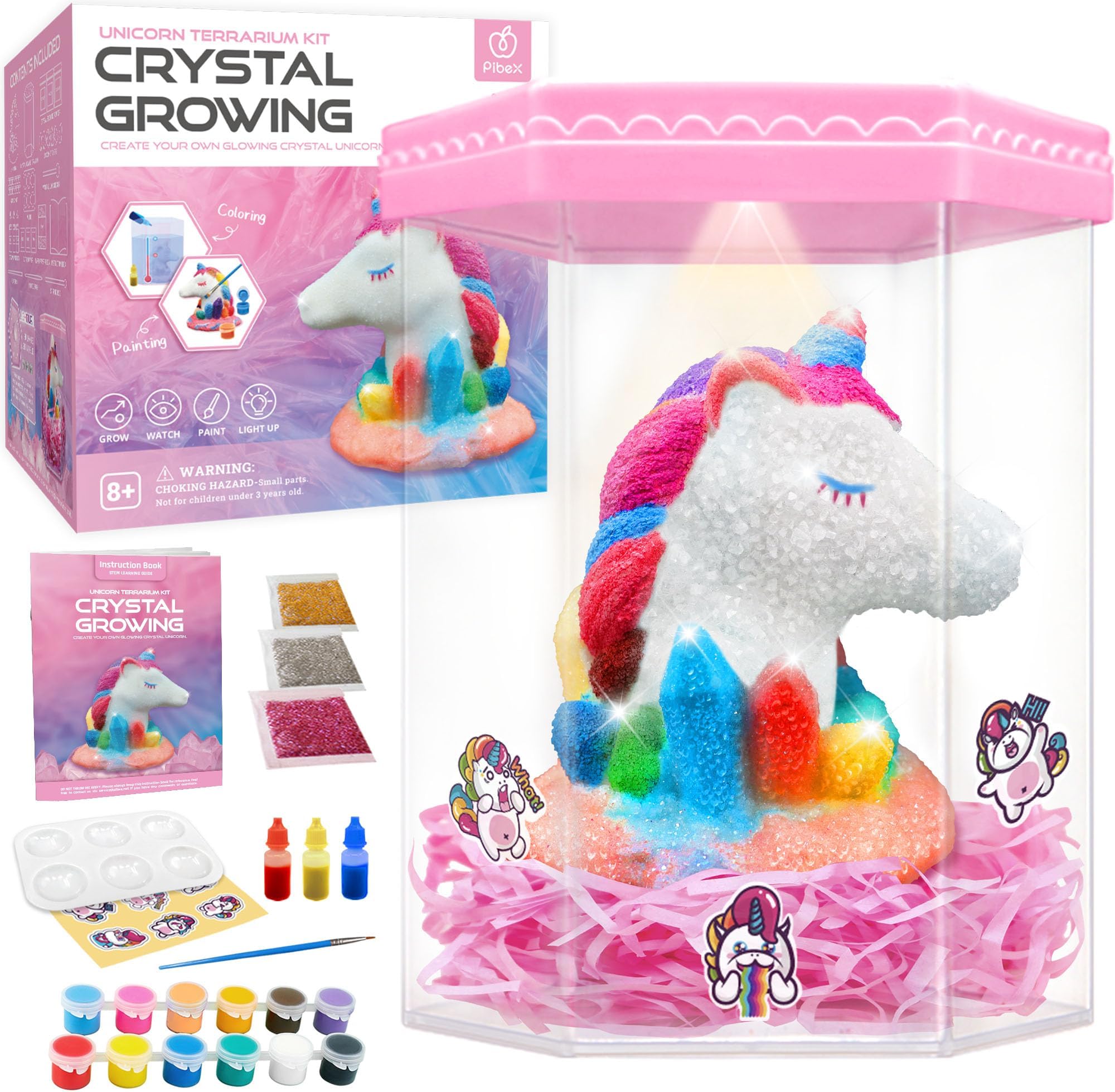 Crystal Unicorn Terrarium Kit, PIBEX Crystal Growing Kit, Grow & Paint Your Own Unicorn, Light-up & Decor, DIY STEM Project Educational Arts and Crafts Set, Gift Idea for Boy & Girl Aged 8 9 10 11 12