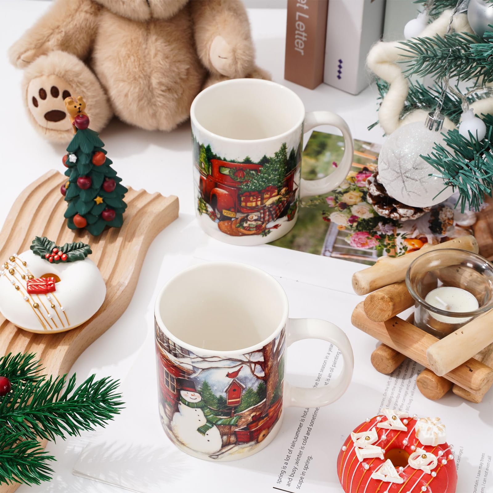 Whaline Lot de 4 tasses de Noël vintage de 355 ml, motif Père Noël, bonhomme de neige, tasse à café en céramique pour fête de Noël pour la maison, l'école, le bureau, cadeau de pendaison de