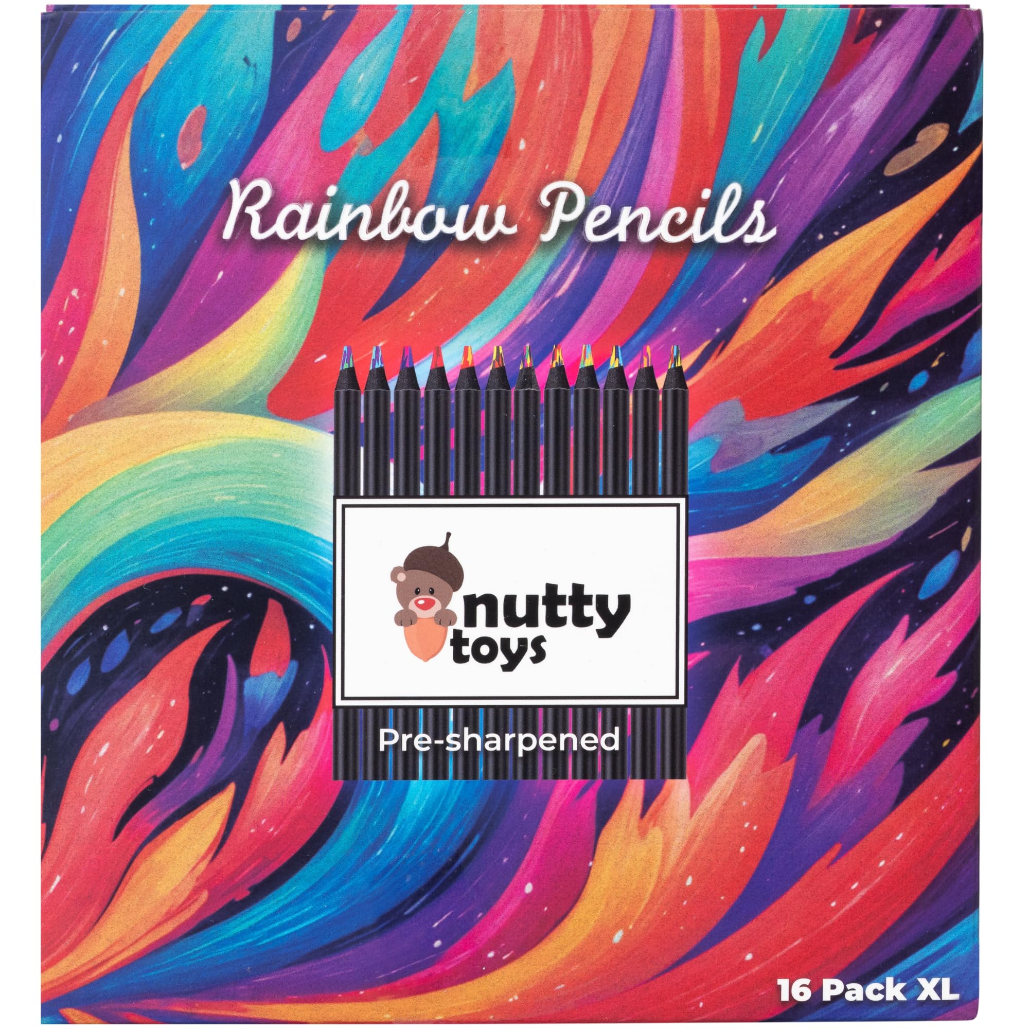Nutty Toys Jumbo Rainbow Pencils, 16 XL Pre-sharpened Multicolored Pencils, Best Goodie Bag Party Favors, Cool Colored Crayon Art Supplies for Kids