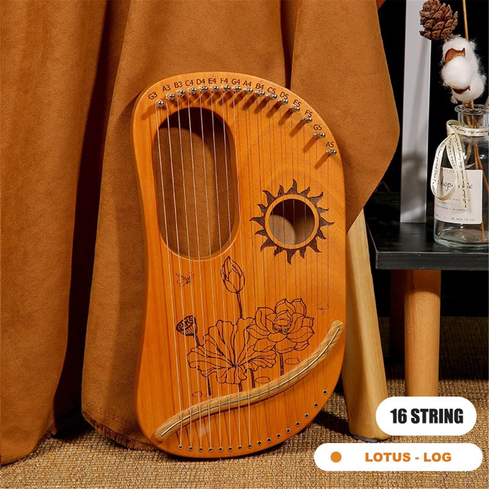 16-nutowa Mini Lyre Harp – przenośny instrument muzyczny dla początkujących, w kształcie lutni z wzorem lotosu, kompaktowa lira w pudełku do domu i podróży