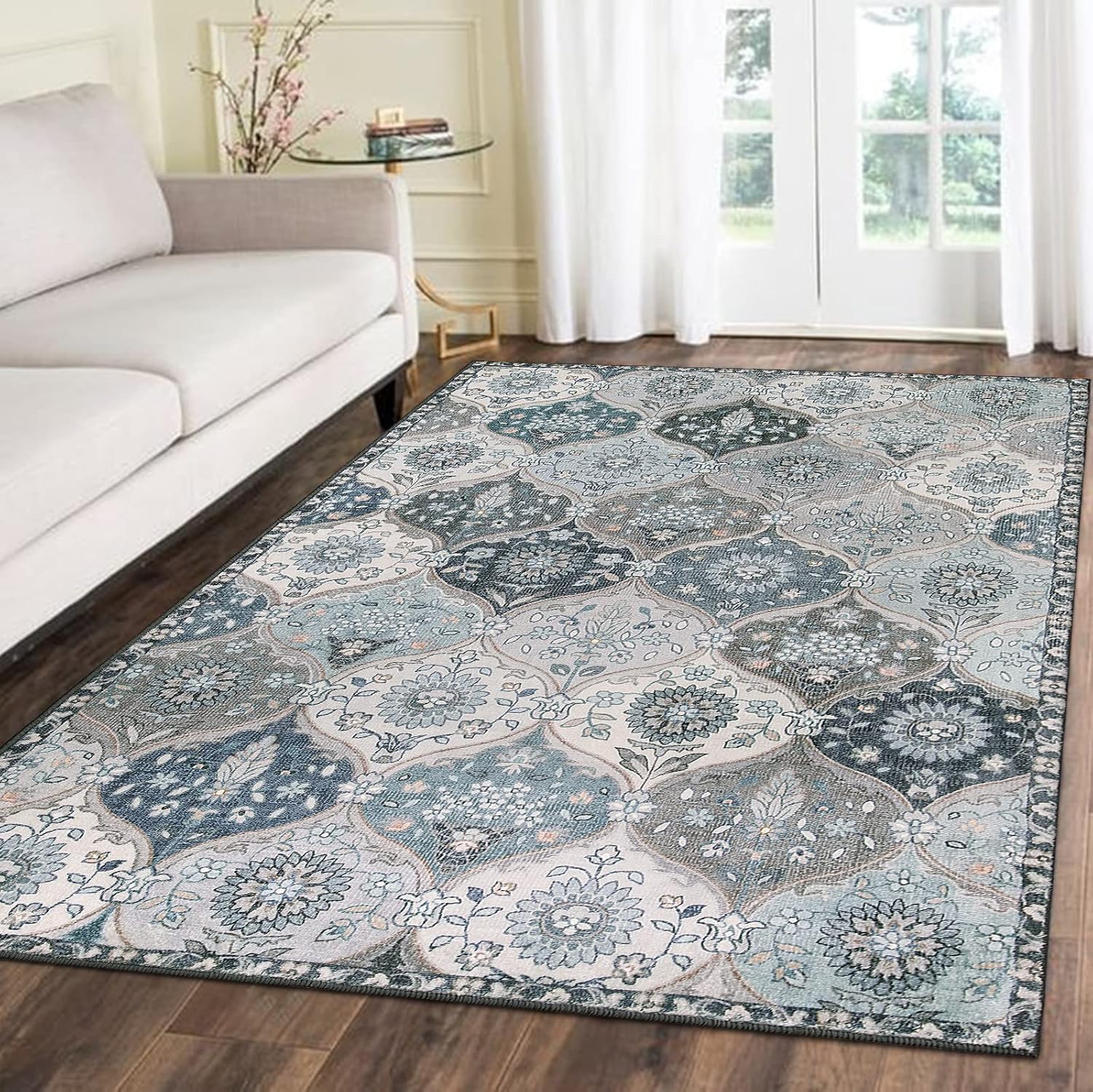 Tapis salle à manger cuisine bureau bleu floral grand format