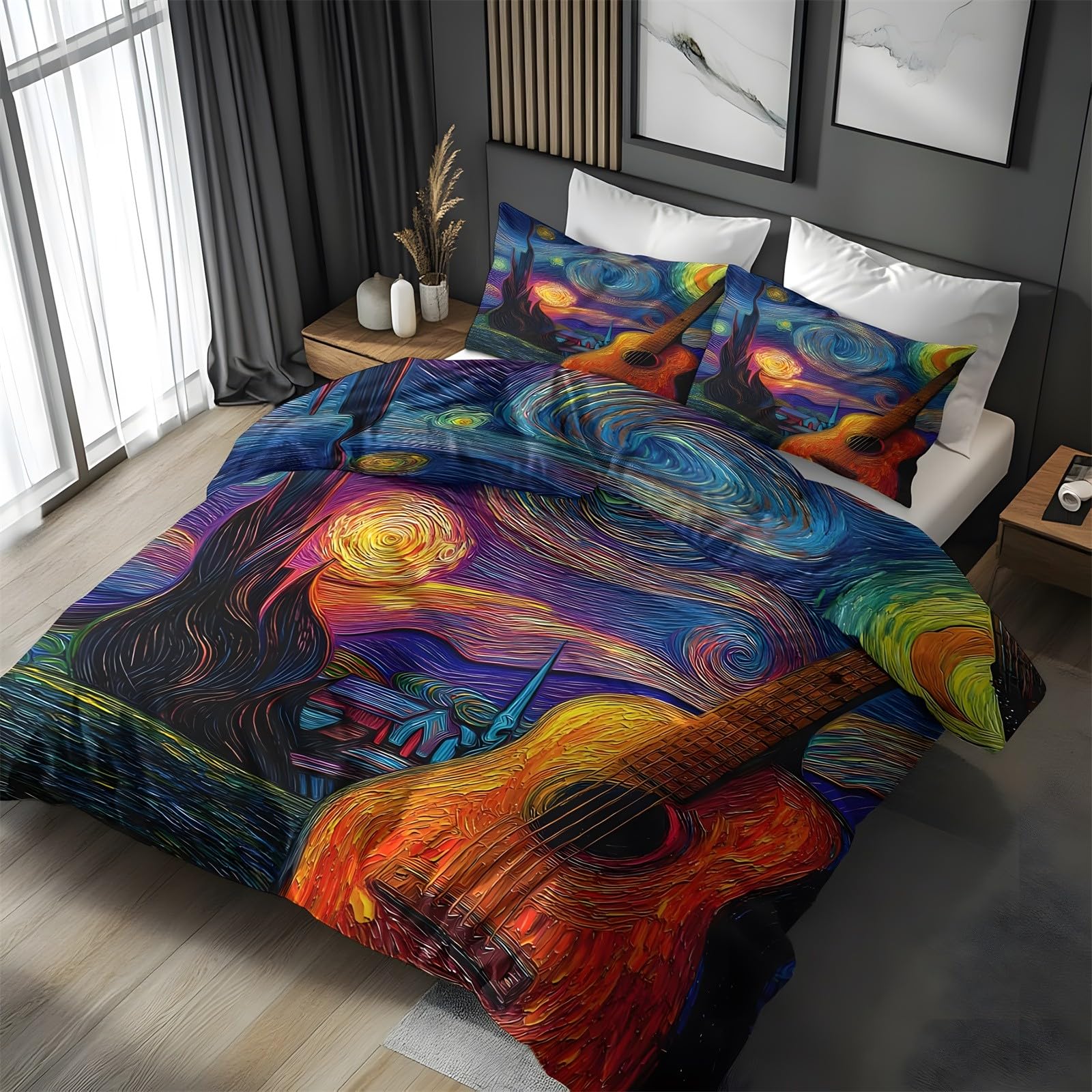 Ypthriline Single Duvet Cover Set Guitar Bedding Set Microfiber Starry Night Duvet Covers with Pillowcases Reversible Bedding With Zipper Closure 135x200CM