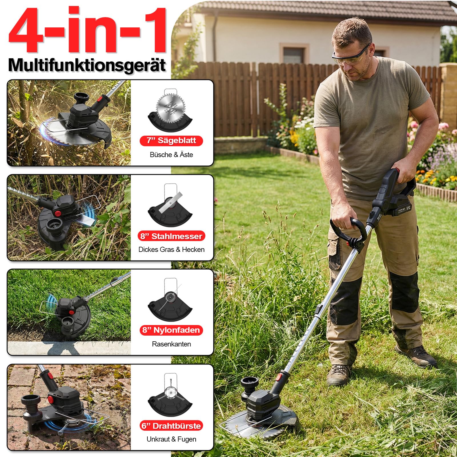 Rasentrimmer mit Akku 21V, 4-in-1 Freischneider & Motorsense 24000 RPM, Rasenkantenschneider inkl. 2X 2.0Ah Batterien, Rädern, 90° drehbarer Kopf & LCD-Anzeige (Profi-Serie)