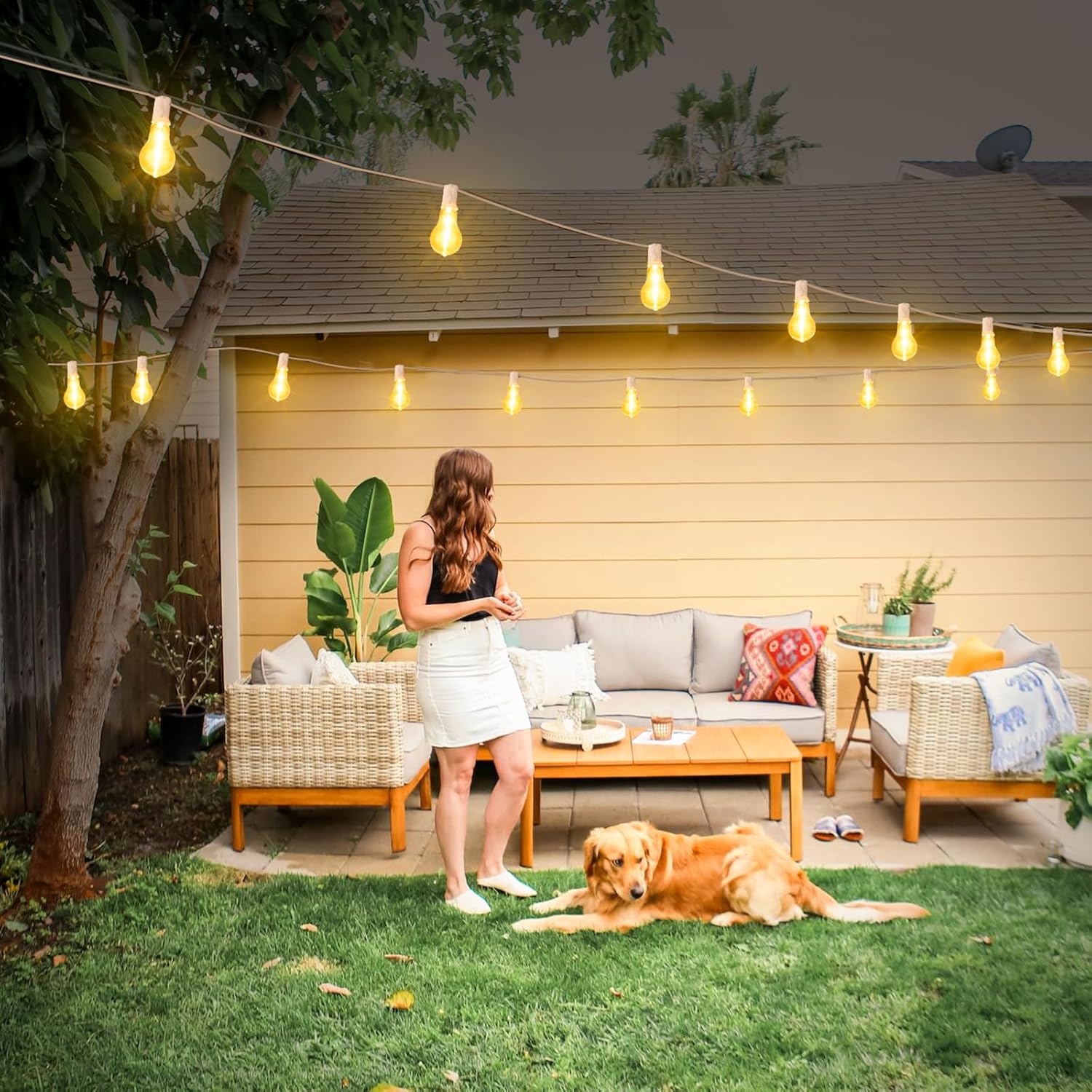 Larkvue 200FT(2x100FT) Outdoor String Lights, LED Patio Lights with 63 Waterproof Shatterproof A39 Dimmable Bulbs(3 Spare) for Deck Yard-2 Pack White