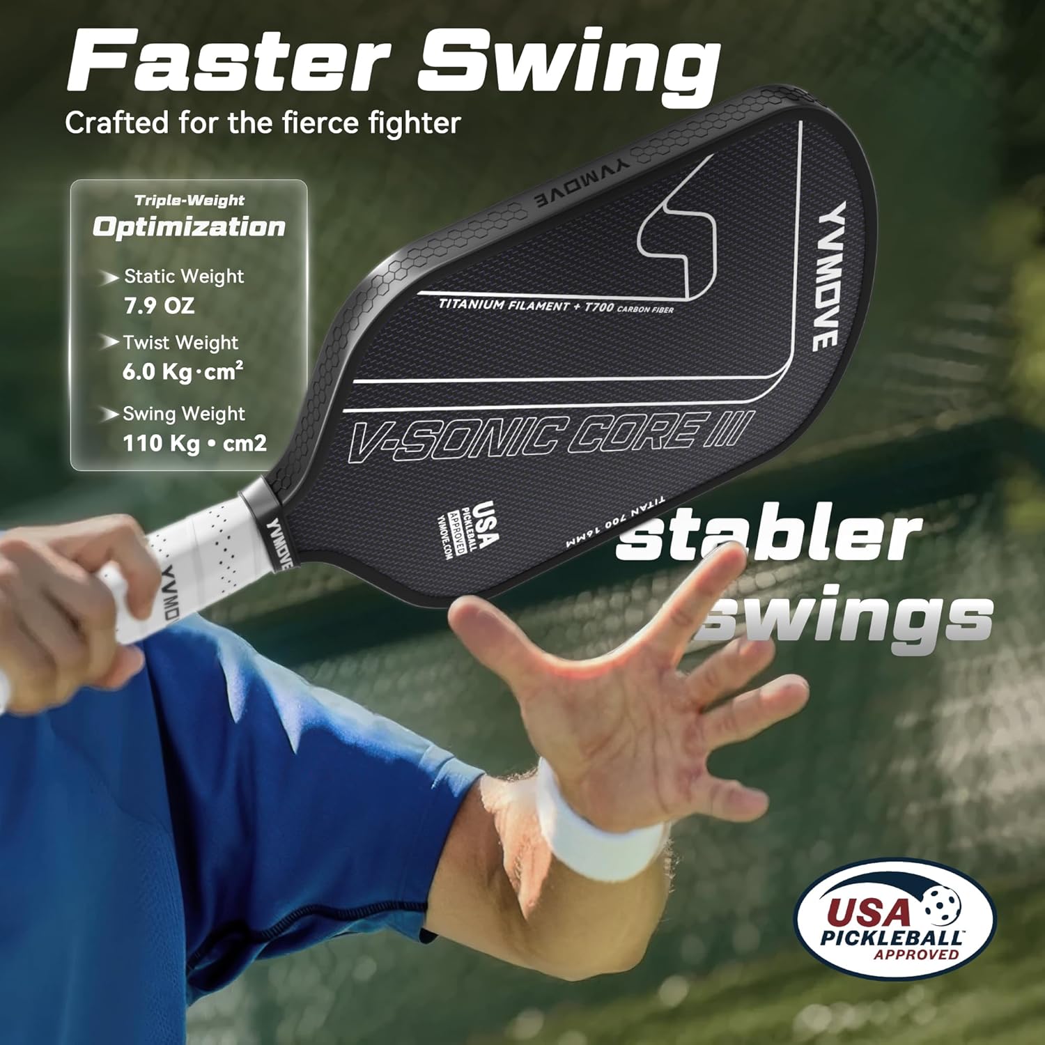 Pickleball Paddles for Advanced Players | Control & Power | Ti-Carbon Hybrid Face | V-Sonic IV Kinetic Core 16MM | Large Sweet Spot | Mid-Weight | Extended Grip | USAPA Approved - Image 8