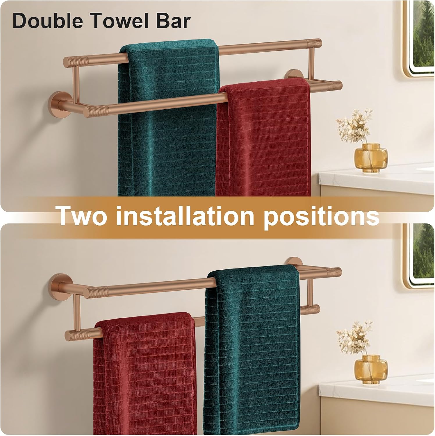 Double Towel Bar 24 Inch, Rose Gold Heavy Duty Stainless Steel Towel Rack for Bathroom - Wall Mounted Towel Holder Bathroom Storage Organizer