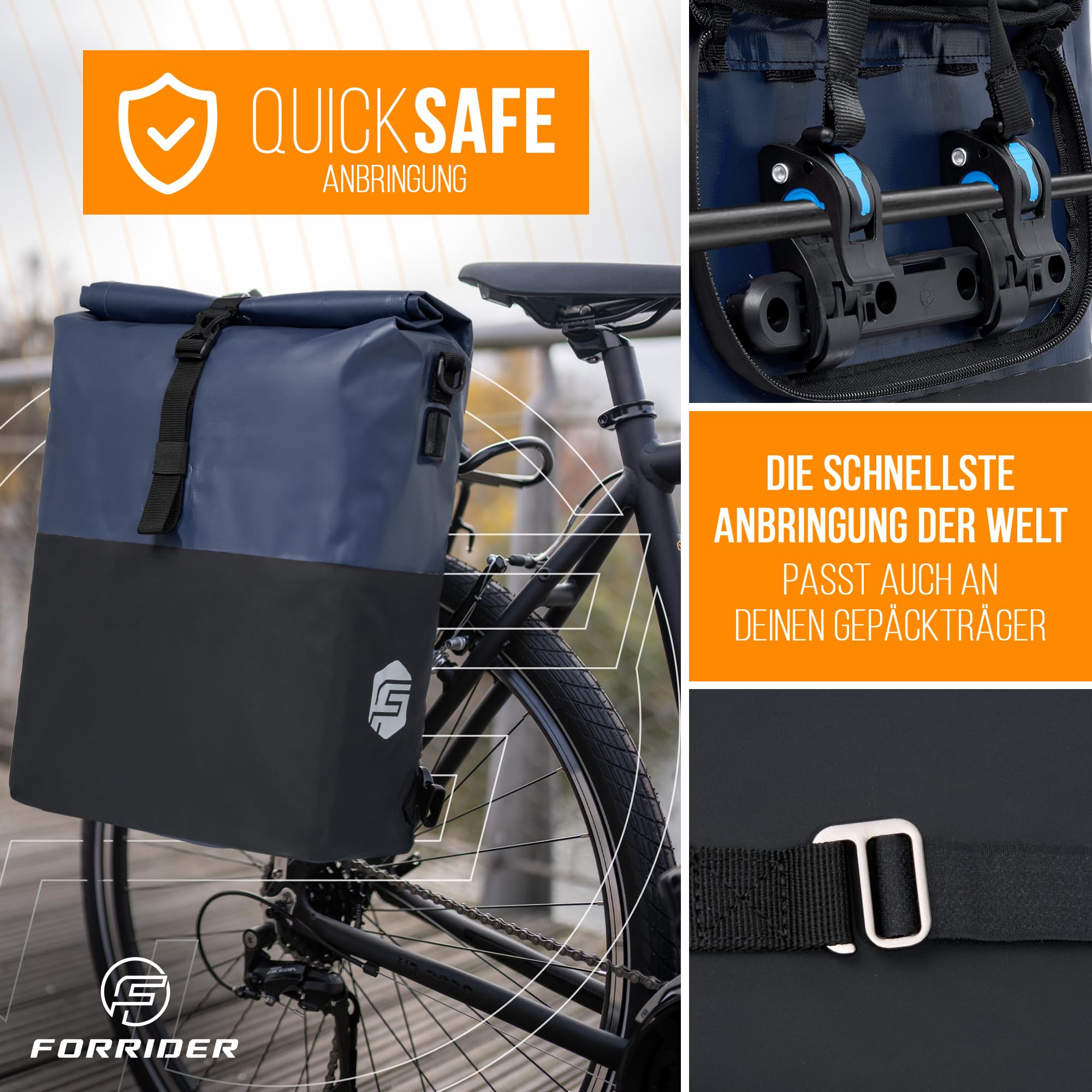 Forrider 3in1 Fahrradtasche für Gepäckträger mit Rucksack Wasserdicht [27L] Gepäckträgertasche Reflektierend I Fahrradtasche Rucksack | Fahrradrucksack für Gepäckträger mit Laptopfach Fahrrad & Ebike