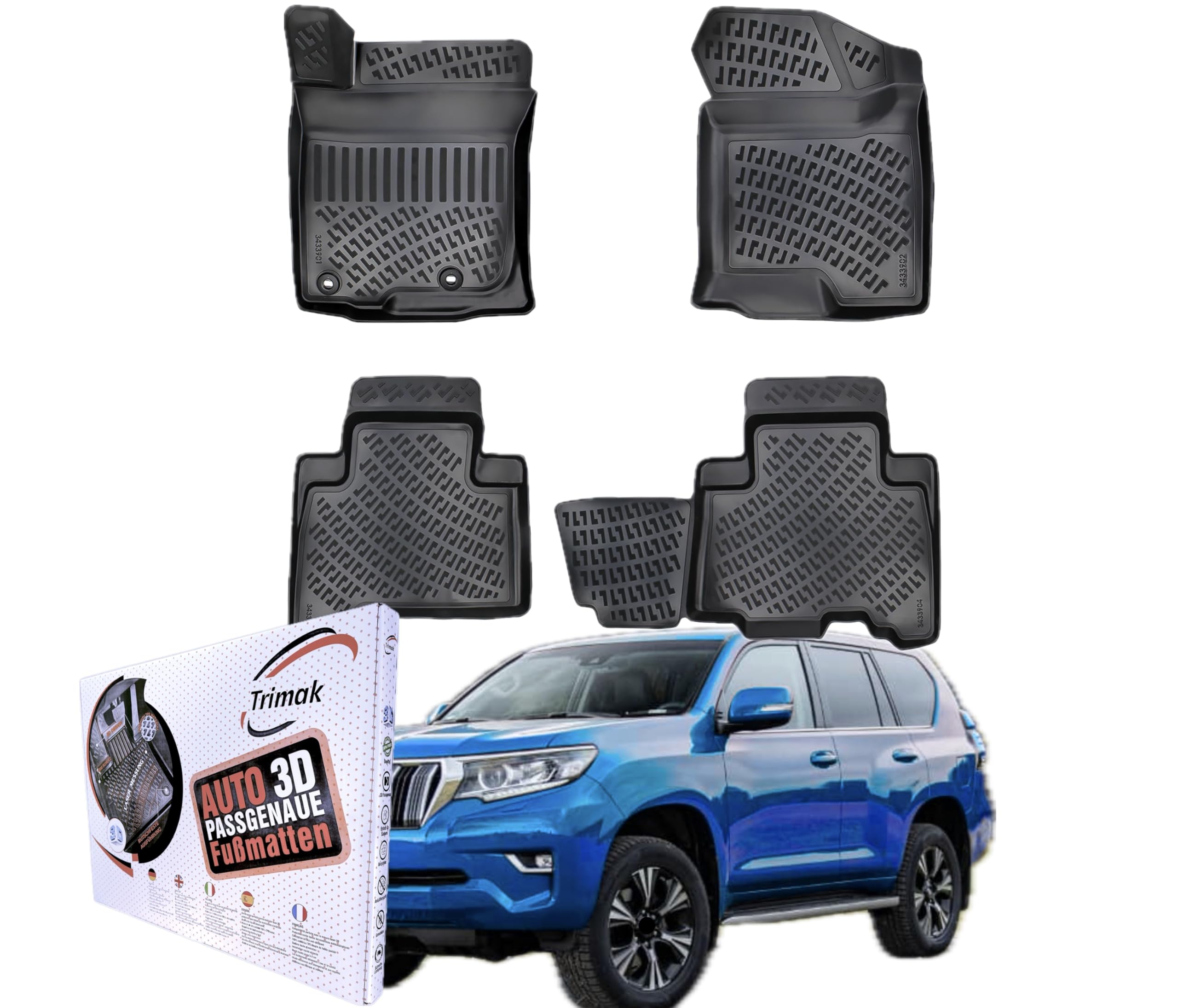 Trimak Alfombrillas 3D a medida compatibles con Toyota Land Cruiser J15 2009-2024. Accesorios para el coche. 1ª y 2ª fila. Alfombrillas de goma TPE para todo tipo de climas, inodoras, antideslizantes,