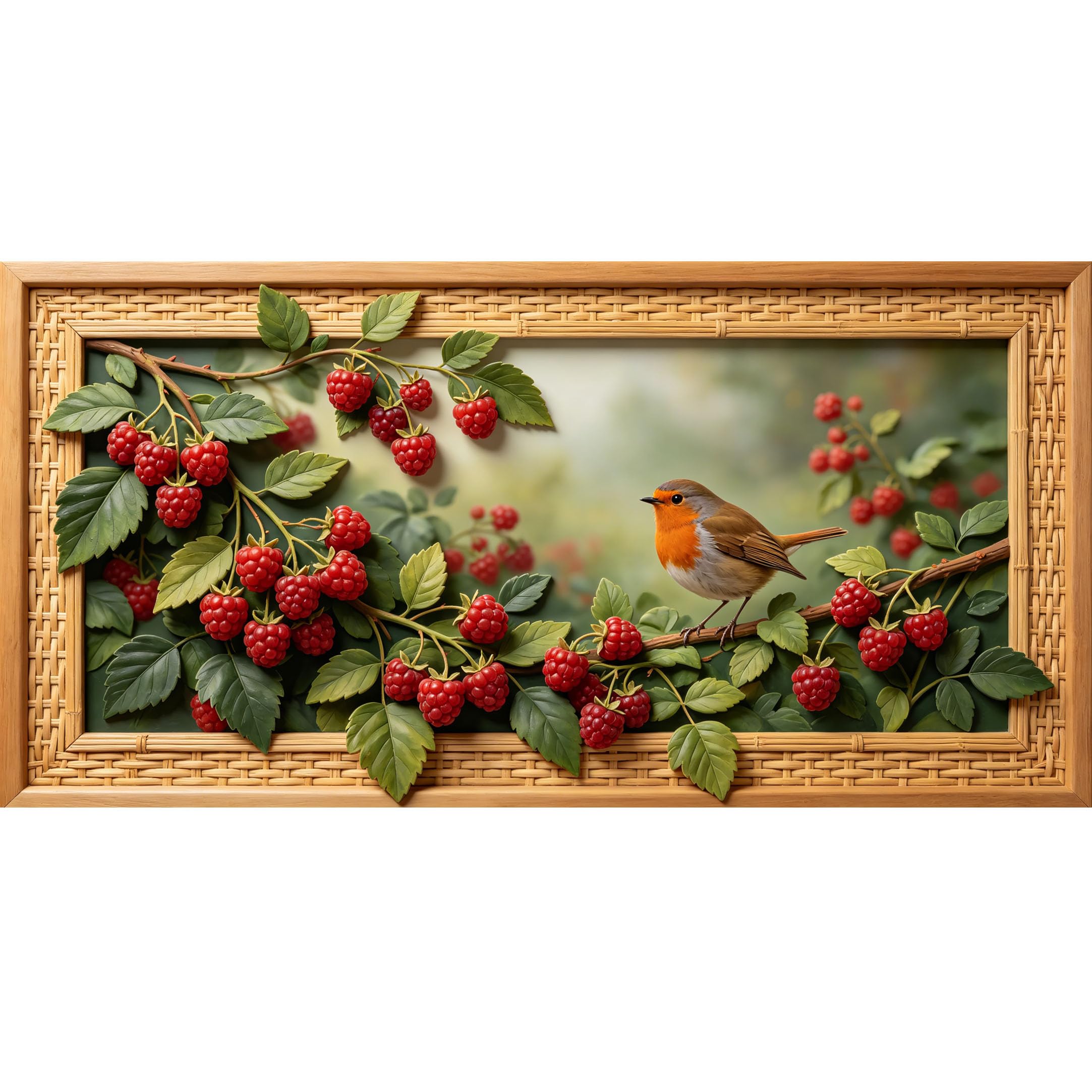 Agglomerix 3D Framed Wall Art Robin Bird and Raspberry Branch Botanical Textured Relief Effect Large Size Self-Adhesive Removable Wall Decor Prints Artwork for Living Room Bedroom Office