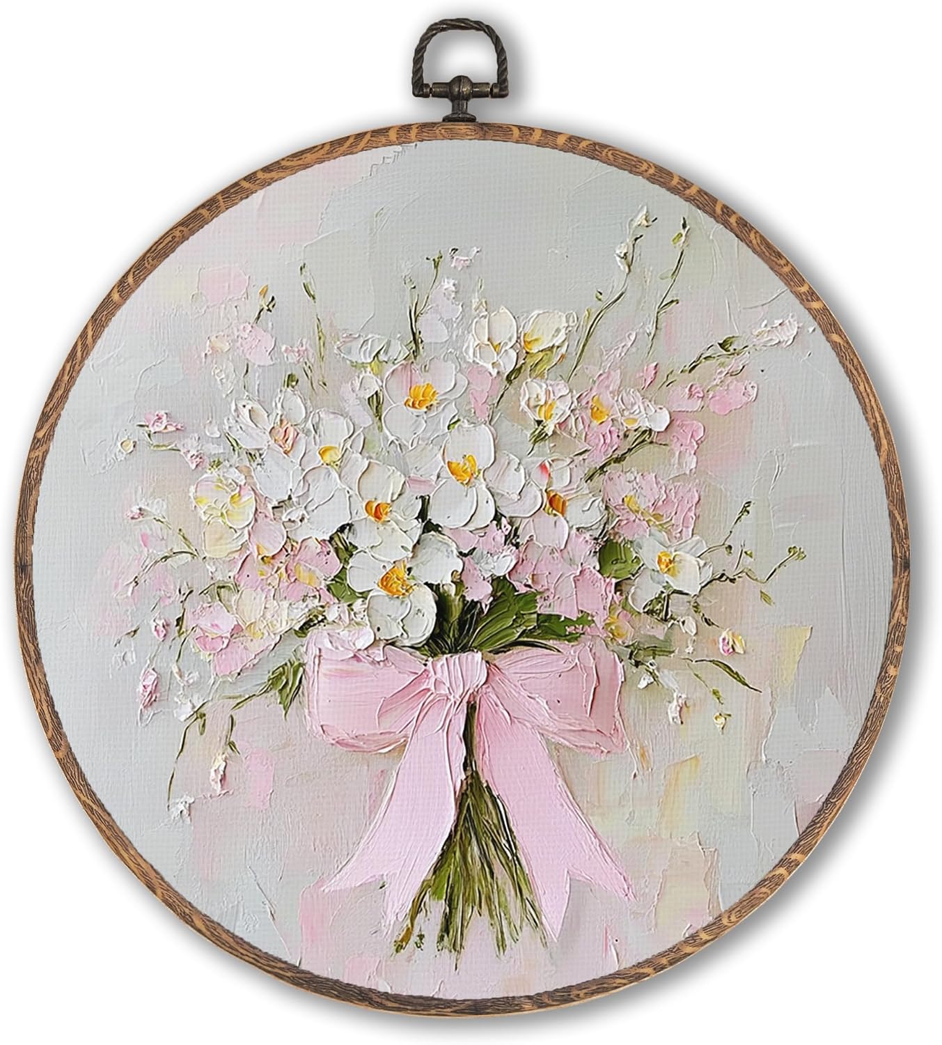 Hxlac Coquette Pink Bow Floral Bouquet Oval Wall Art Framed, White Floral Oval Wall Decor, Vintage Flower Hanging Canvas Prints Wall Sculptures for Home Bedroom Living Room Decor, 8.5x11.5 Inch