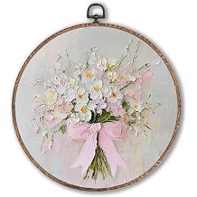 Hxlac Vintage Pink Bow Floral Bouquet Round Wall Art Framed, White Floral Round Wall Decor, Vintage Flower Hanging Canvas Prints Wall Sculptures for Bedroom Living Room Decor, 10x10 Inch