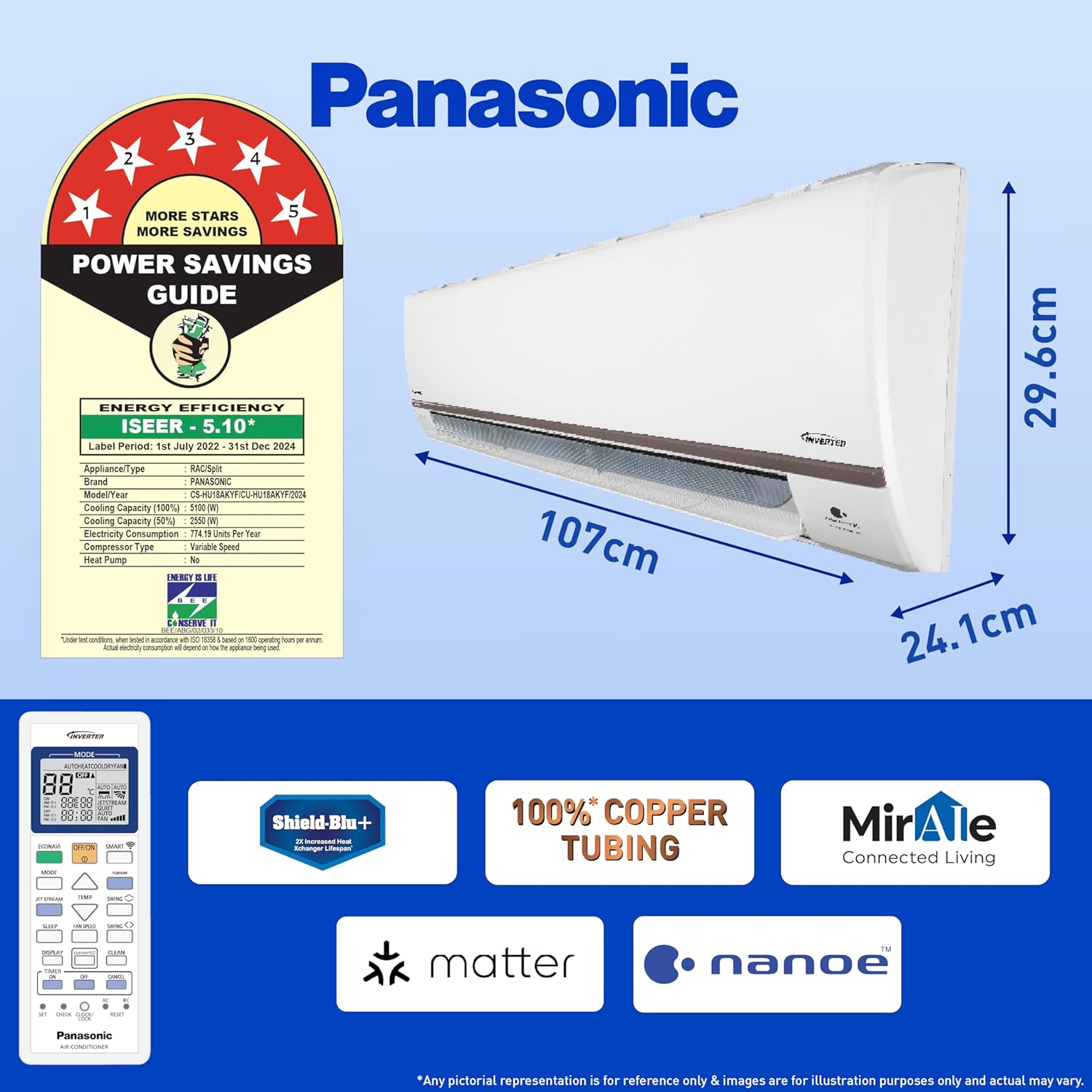 Panasonic AC dimensions and energy efficiency label