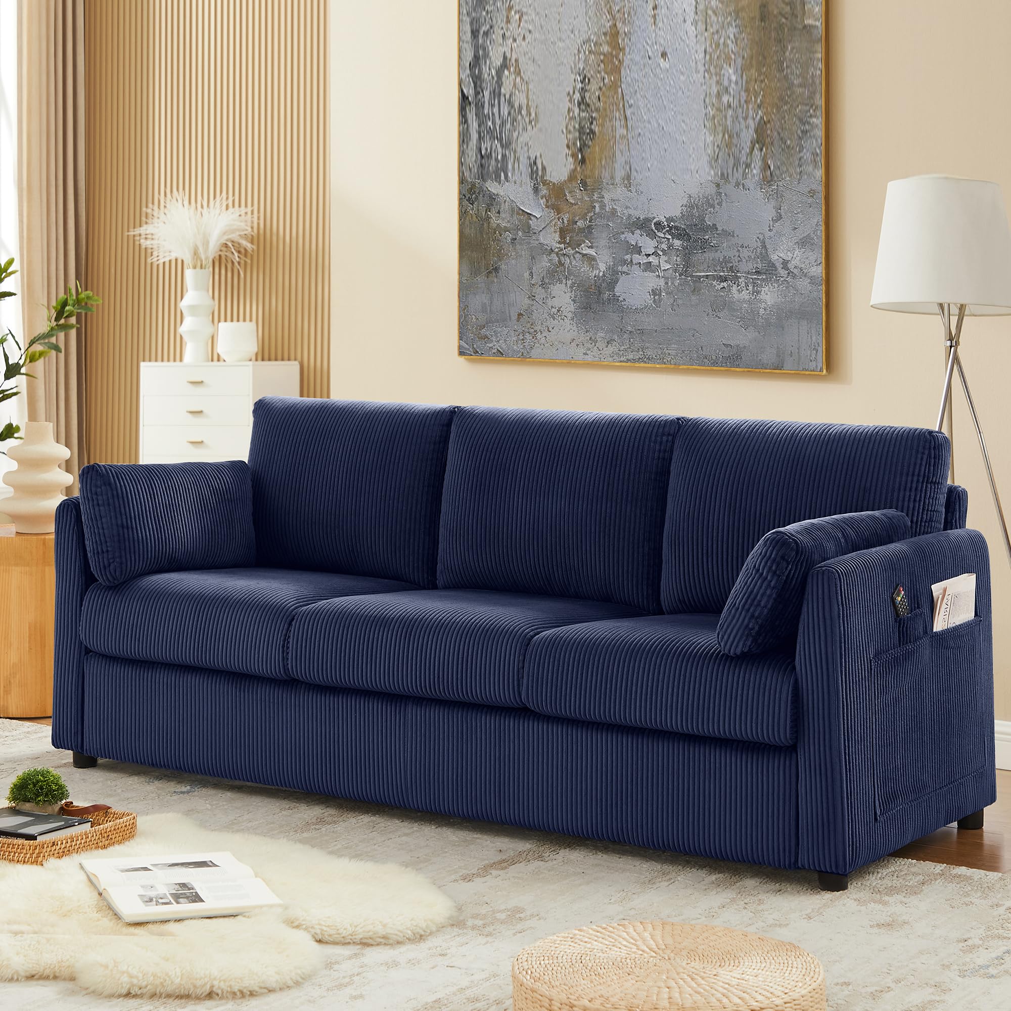 View 1 of ***STOCK PHOTO FOR REFERENCE ONLY*** ***TRUCK/TRAILER PICKUP ONLY*** Elevyoliv 3 Seater Couches for Living Room, 79" Modern Corduroy Sofa with 2 Pillows and Storage Pockets, Small Comfy Couches for Apartment, Small Spaces, Bedroom, Office, Navy Blue
