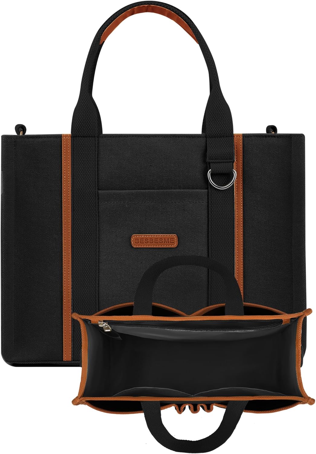 BESBESME Women’s Canvas Tote Bag with Zipper and Compartments – Multi-Pocket Laptop Work Crossbody Shoulder Tote Purse - Image 8