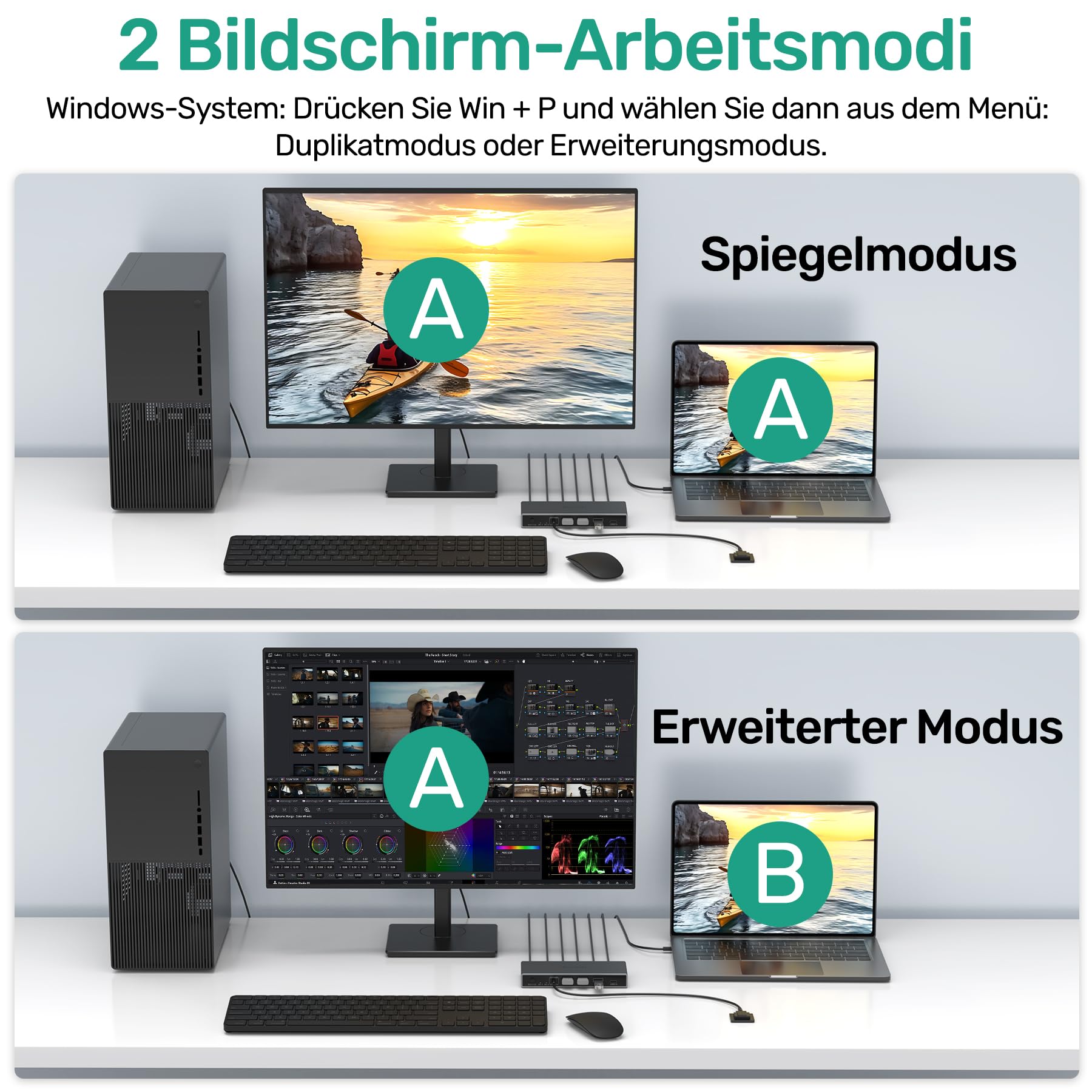 SUIDEK USB-C+HDMI KVM Switch 2 in 1 Out 4K@60Hz Aluminium mit USB 3.0-Anschlüssen für 1 Laptop und 1 Desktop teilen 1 Monitor, Tastatur, Maus und Drucker, mit USB-Kabeln/Controller