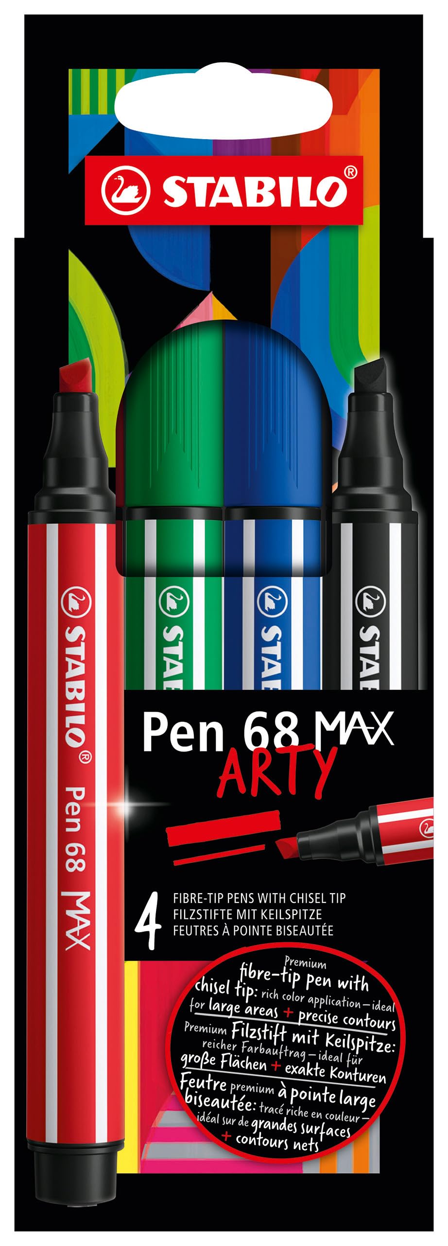STABILO Pen 68 MAX - Premium Fibre-Tip Pen with Chisel Tip - ARTY - Pack of 4 - Assorted Colours