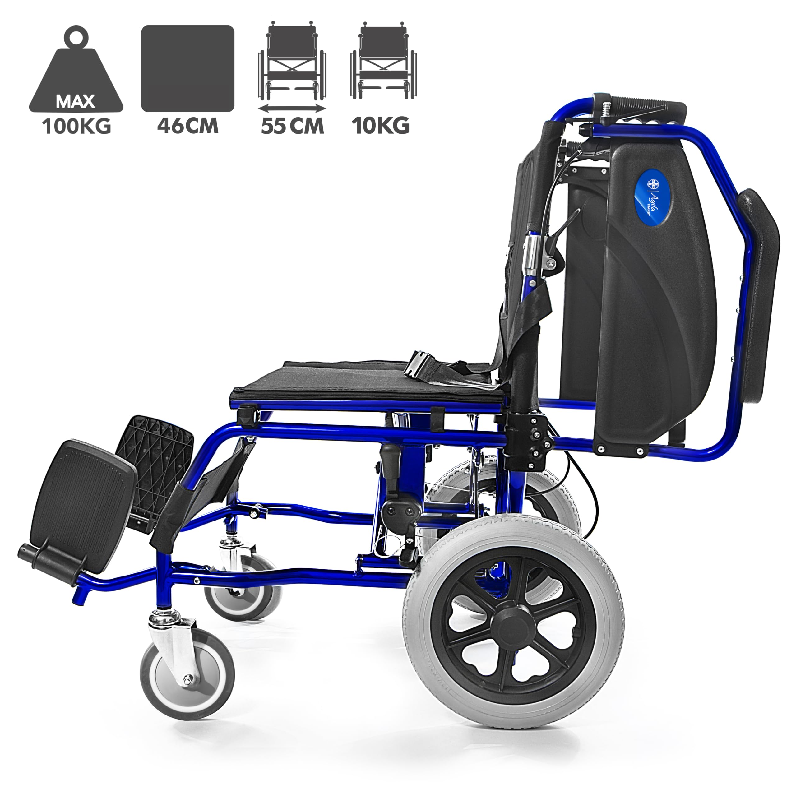 AIESI® Rollstuhl Faltbar superleicht für den Transport aus Aluminium mit Bremse für Behinderte und ältere Menschen AGILA TRANSIT, Doppeltes Bremssystem, Sicherheitsgürtel, Garantie 24 Monate