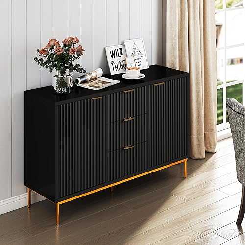 Vista 8 de Real Relax Aparador estriado con almacenamiento, moderna credenza con 3 cajones, estantes ajustables, mesa de café grande para comedor, cocina, sala