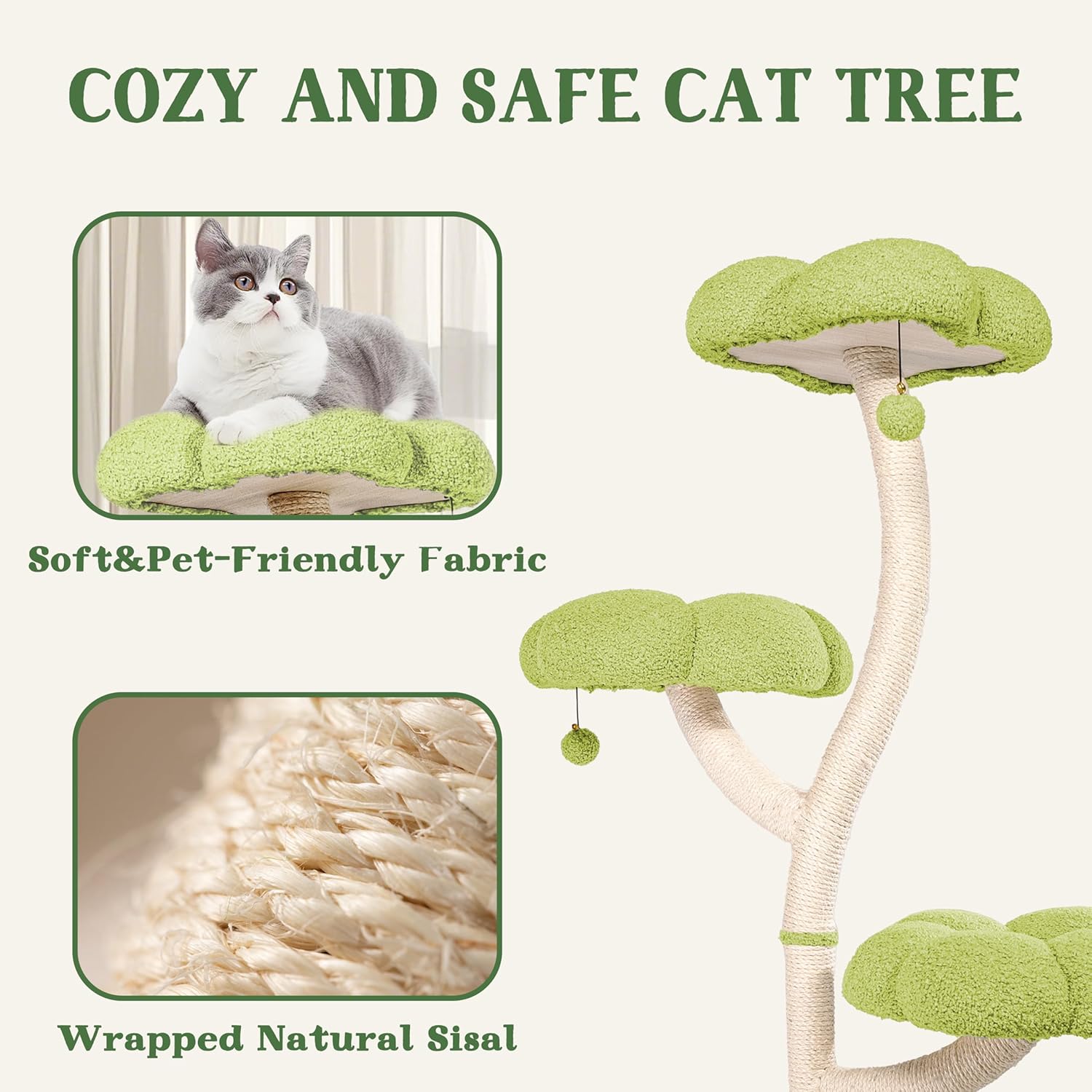 Cat Tree Tower Petal Shaped Modern Cat Scratching Post Multi-Layer Platform (Green, 48.4inch)