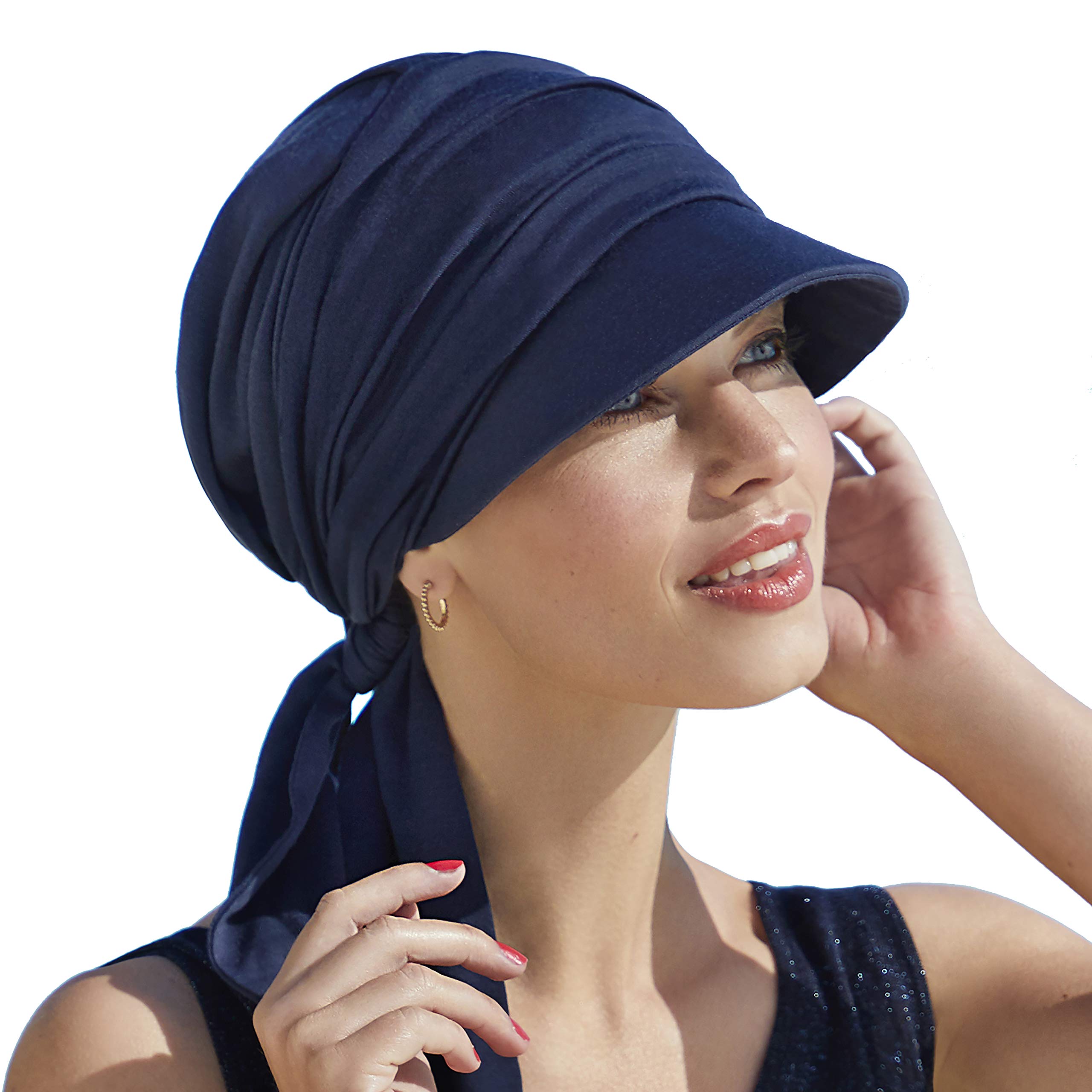 Gorra oncológica drapeada de algodón con Visera y protección Solar índice 50+ para Mujeres en Tratamiento con quimioterapia (Azul Oscuro)