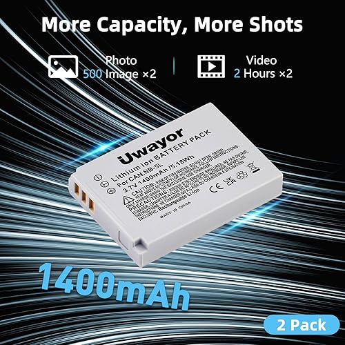 Miniatura 3 de Paquete de 2 baterías NB-5L y cargador dual para Canon Powershot S100, S110, SD700IS, SD790IS, SD850IS, SD870IS, SD880IS, SD890IS, SD900IS, SD950IS,