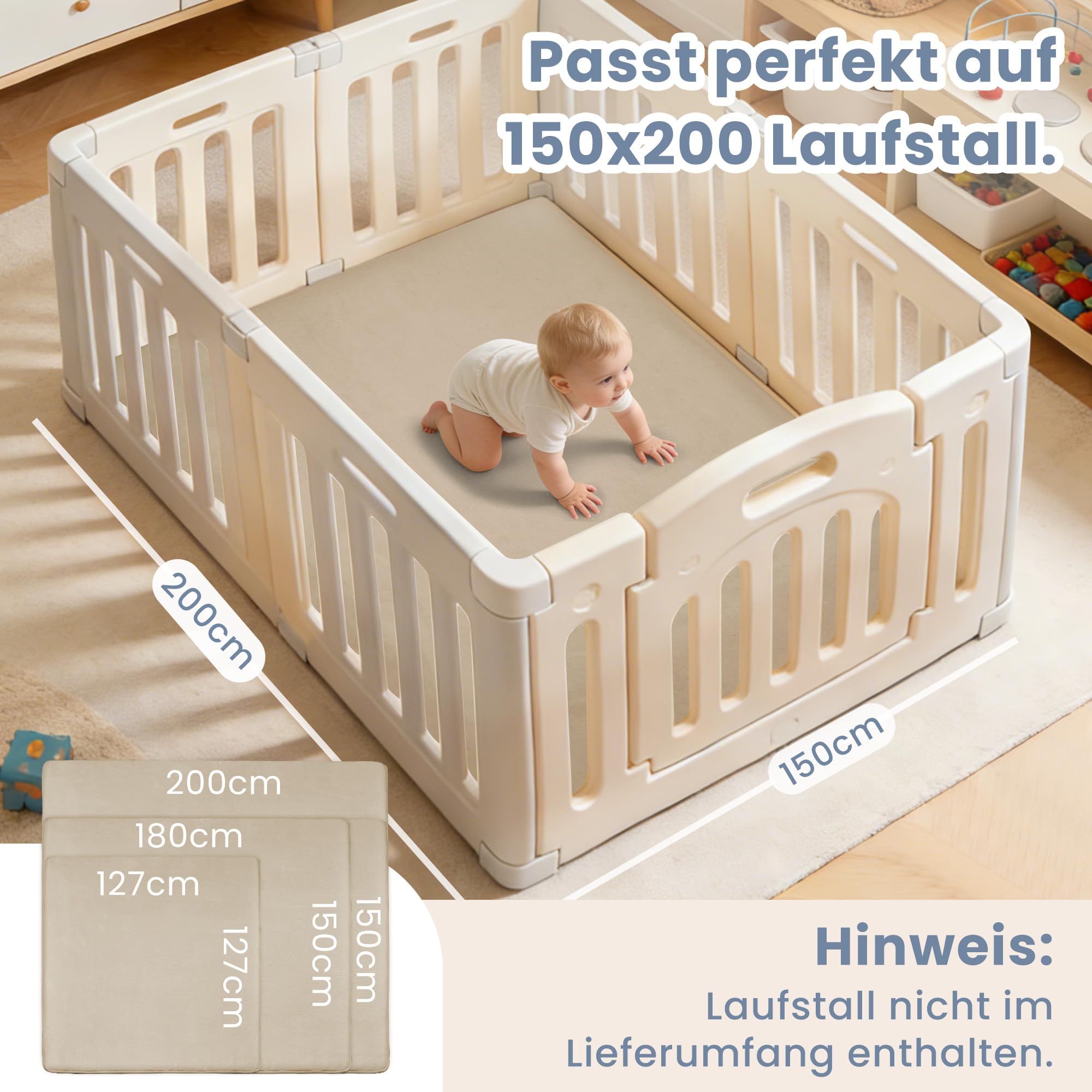 ACOMOPACK Baby Spielmatte, 3cm dick großer rutschfester Kinderteppich,Memory-Schaumstoff samtweiche Krabbelmatte für Bauchlage (Khaki, 150 x 180 cm)